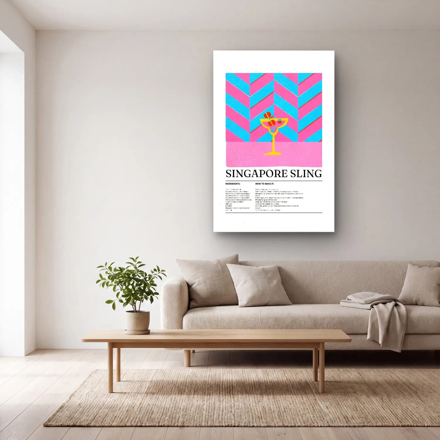 Vintage Poster Kokteyl No. 11 cam tablo — açık renk salonda