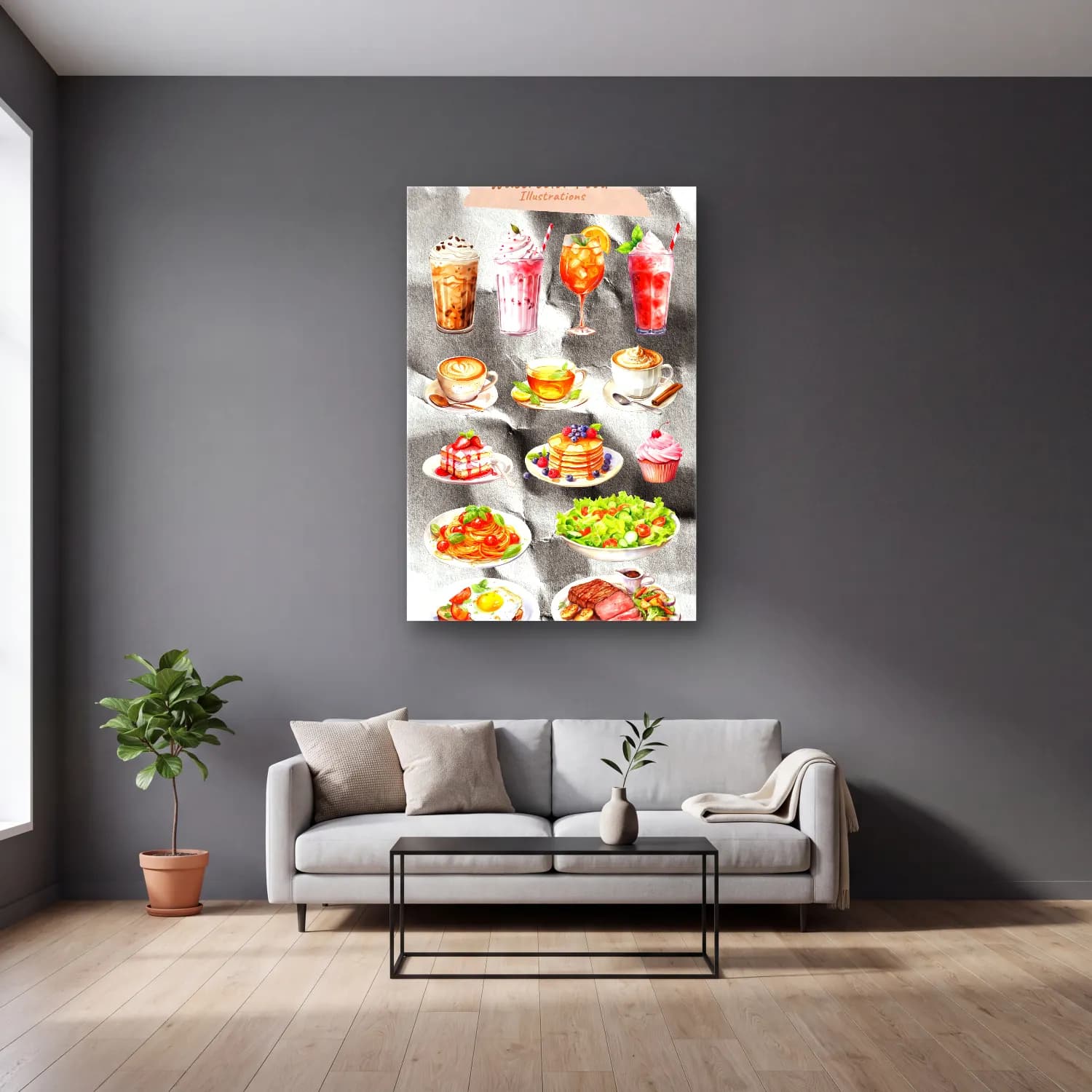 Suluboya Tatlılar – Pastel Tonlar cam tablo — gri duvarlı salonda