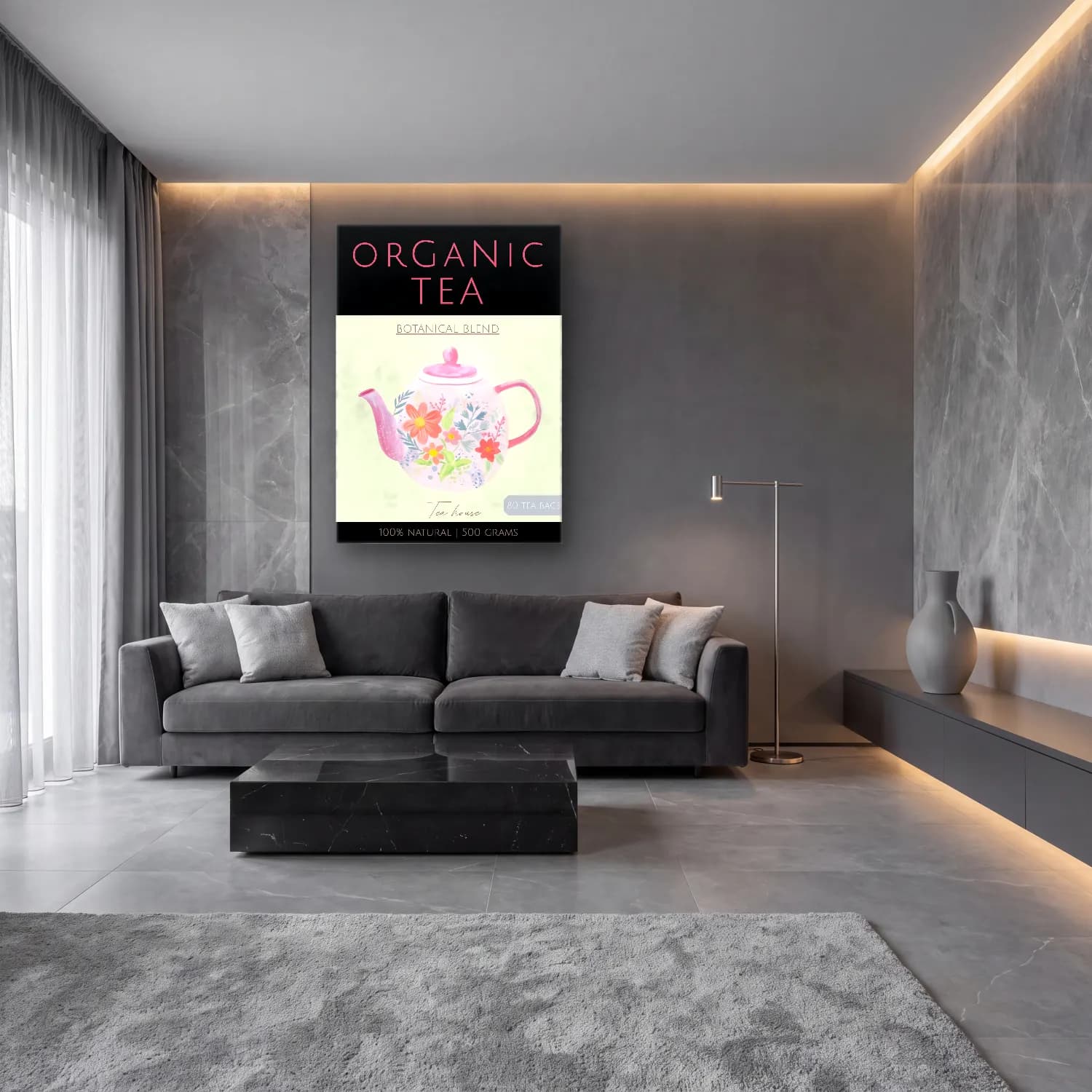 Pastel Demlik ve Fincanlar – Pastel Tonlar cam tablo — lüks salon duvarında