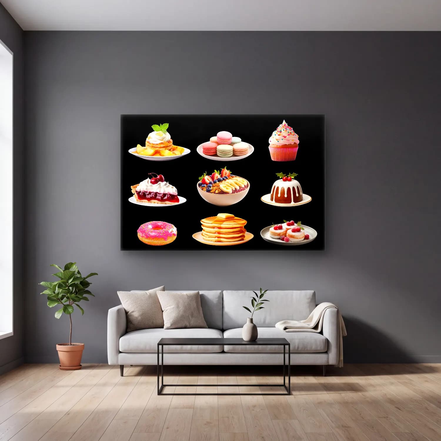 Pastel Tatlılar No. 37 cam tablo — gri duvarlı salonda