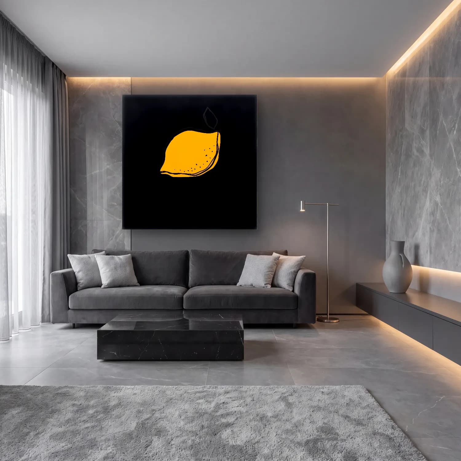 Çizgi Sanatı Limon Dalı cam tablo — lüks salon duvarında