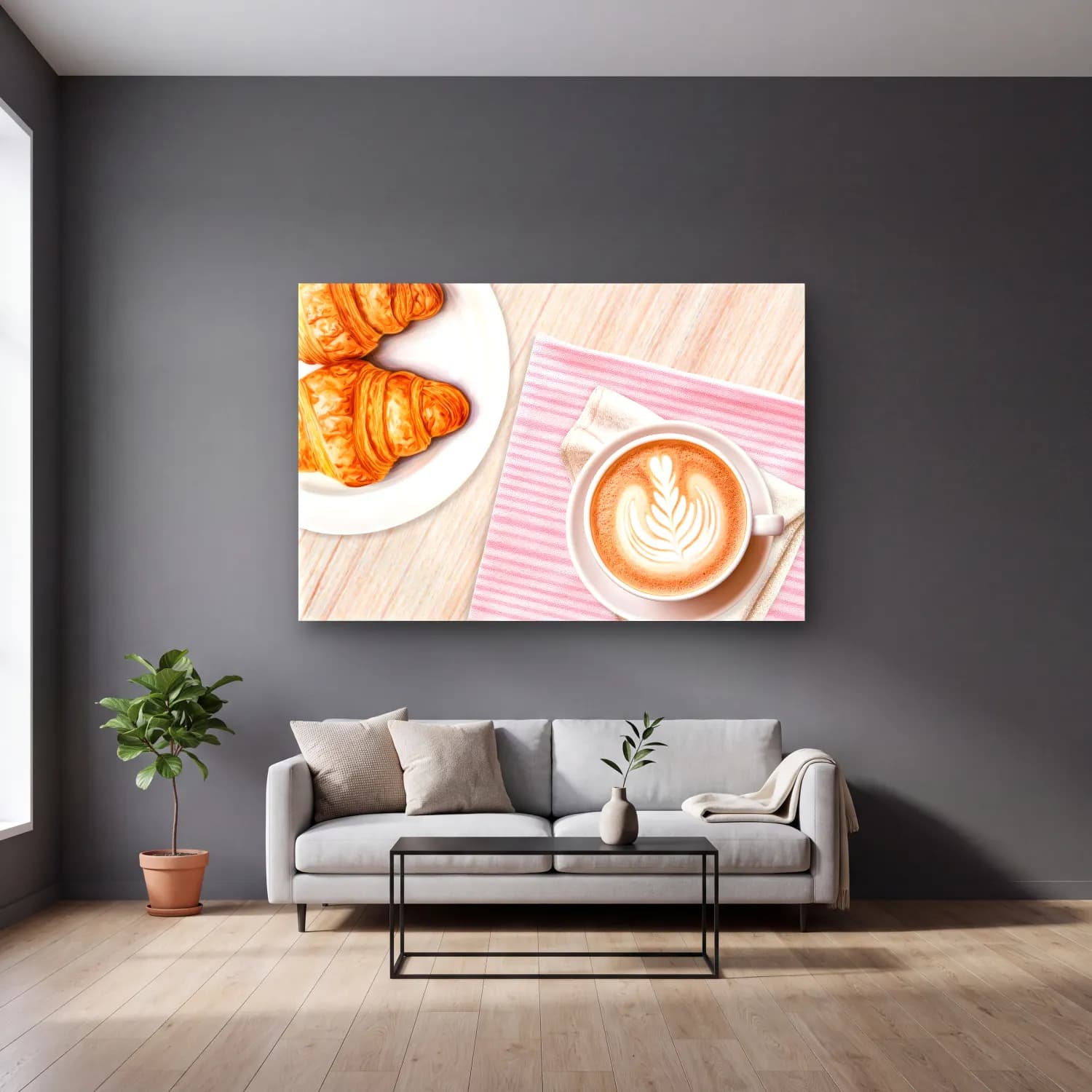Pastel Ekmek ve Pastalar No. 12 cam tablo — gri duvarlı salonda
