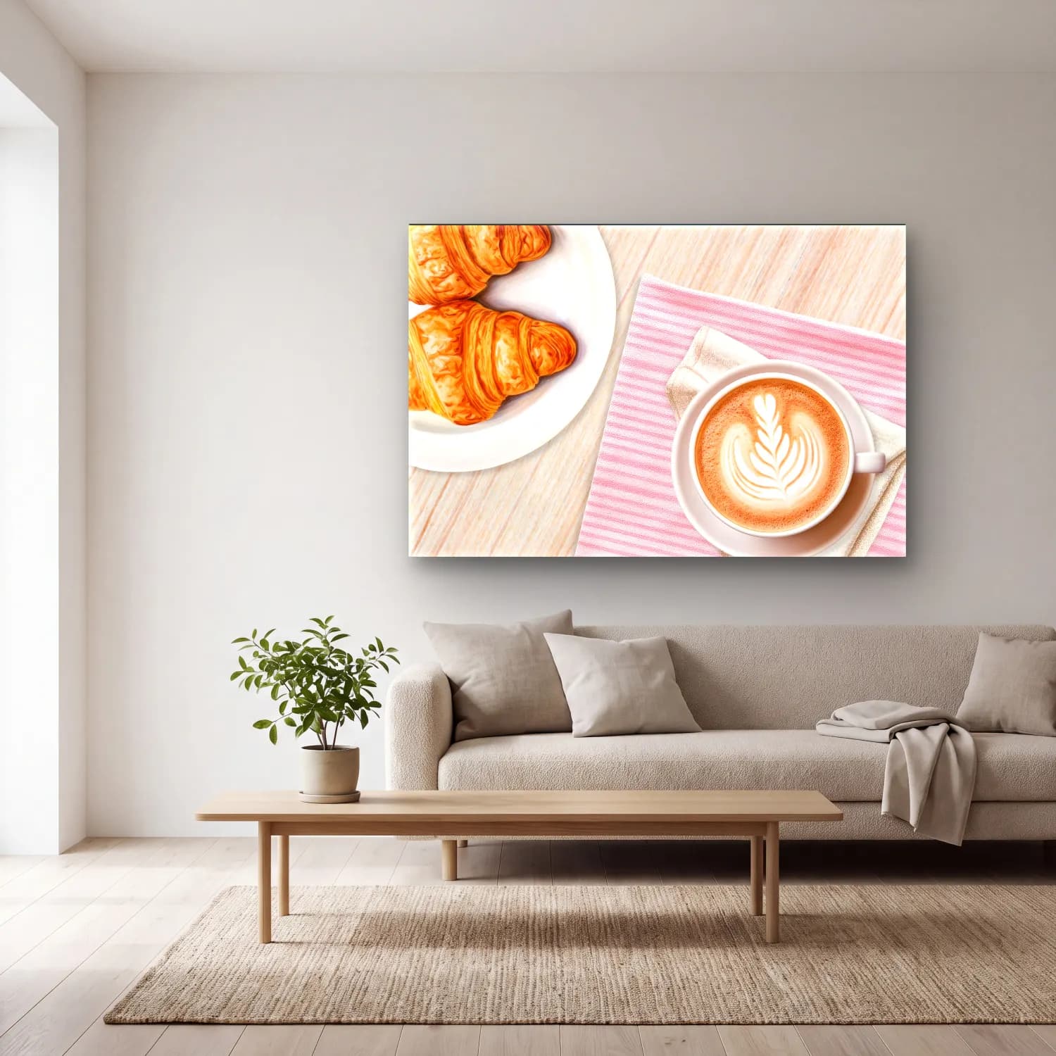 Pastel Ekmek ve Pastalar No. 12 cam tablo — açık renk salonda
