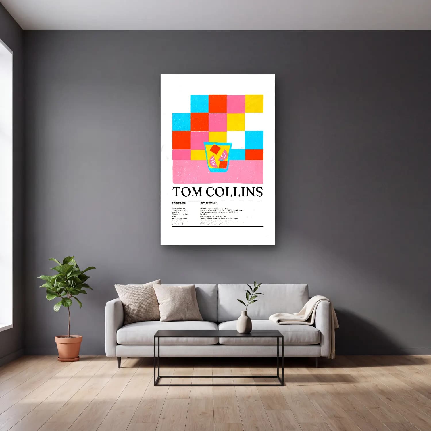 Vintage Poster Kokteyl No. 12 cam tablo — gri duvarlı salonda