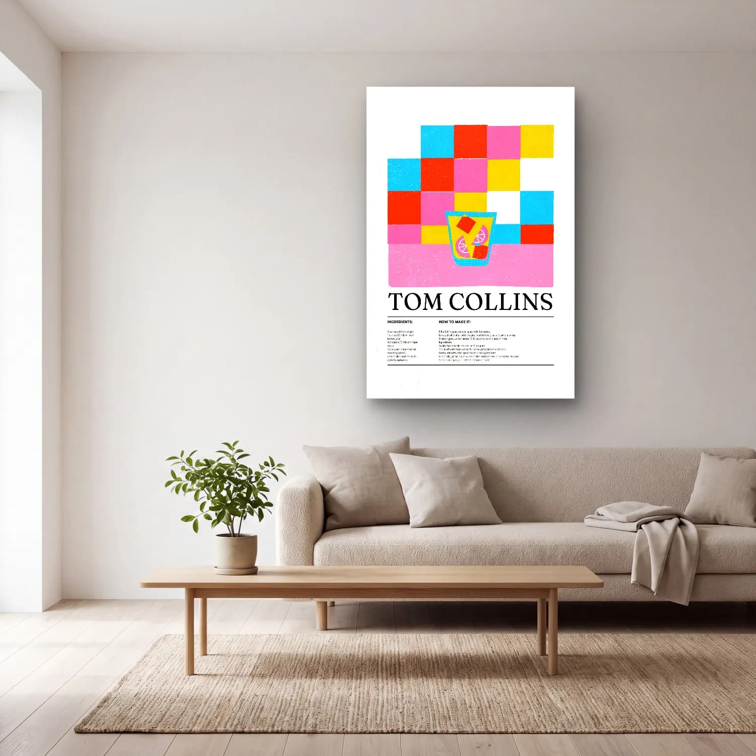 Vintage Poster Kokteyl No. 12 cam tablo — açık renk salonda