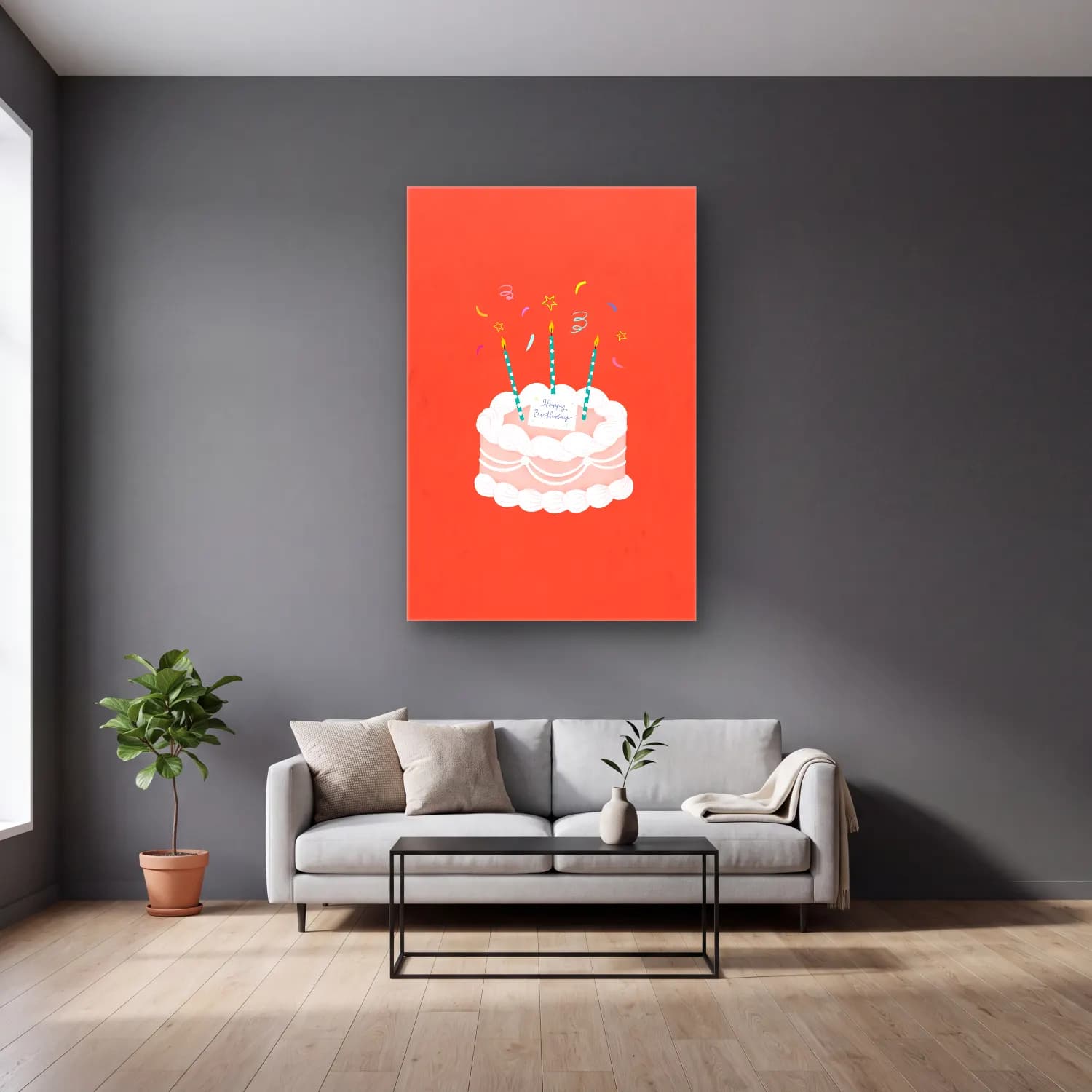 Pastel Tatlılar No. 38 cam tablo — gri duvarlı salonda