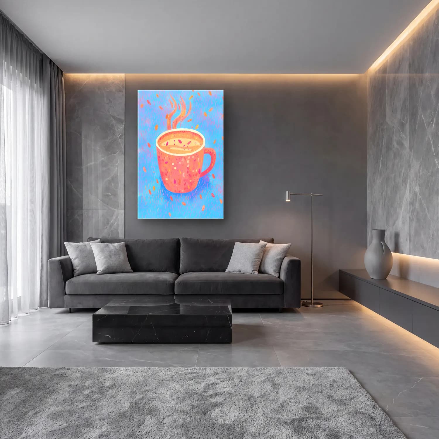 Pastel Çay Fincanı No. 6 cam tablo — lüks salon duvarında