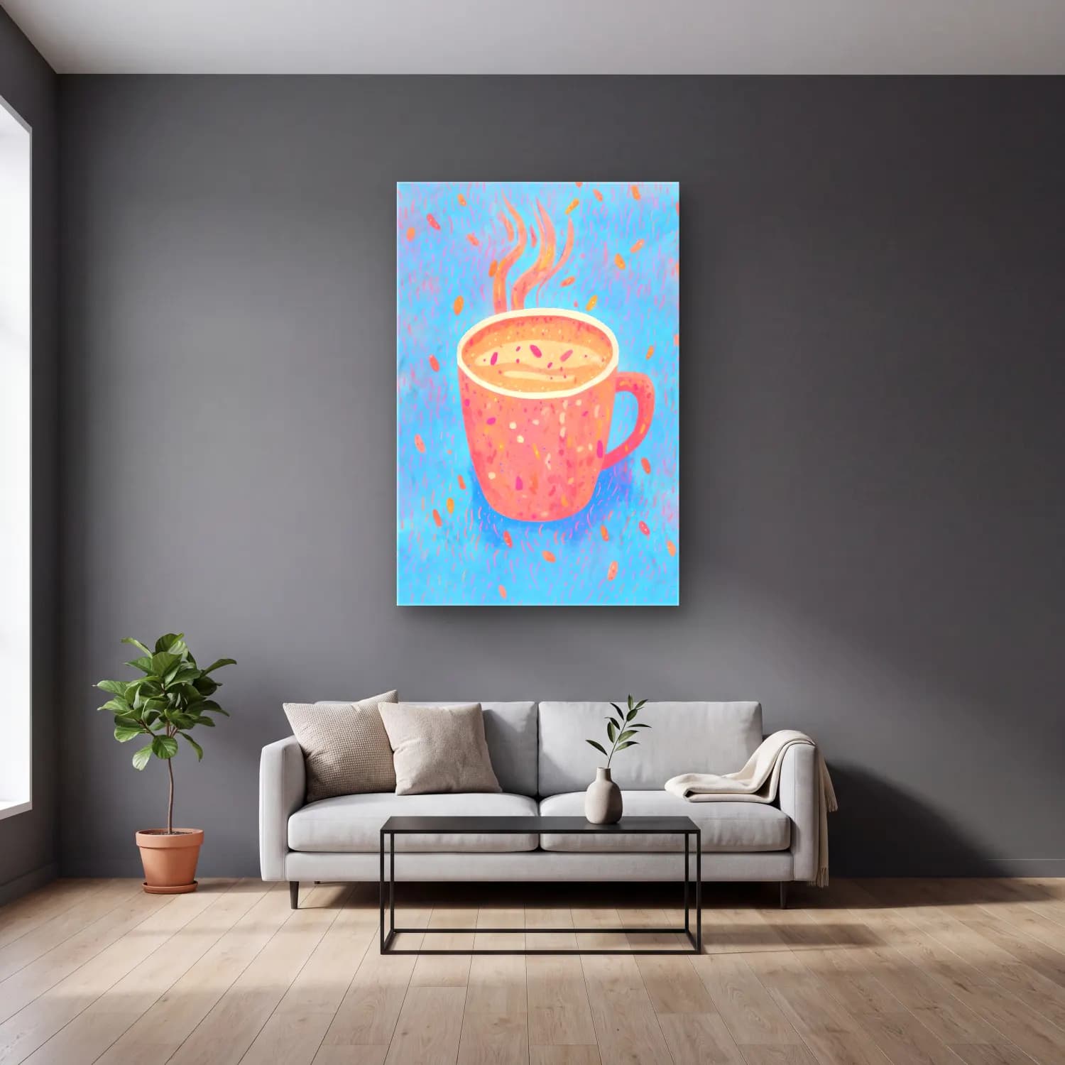 Pastel Çay Fincanı No. 6 cam tablo — gri duvarlı salonda