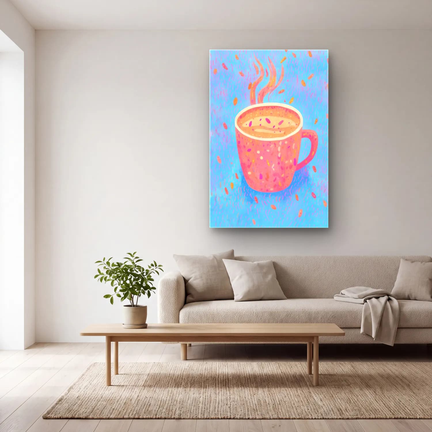 Pastel Çay Fincanı No. 6 cam tablo — açık renk salonda