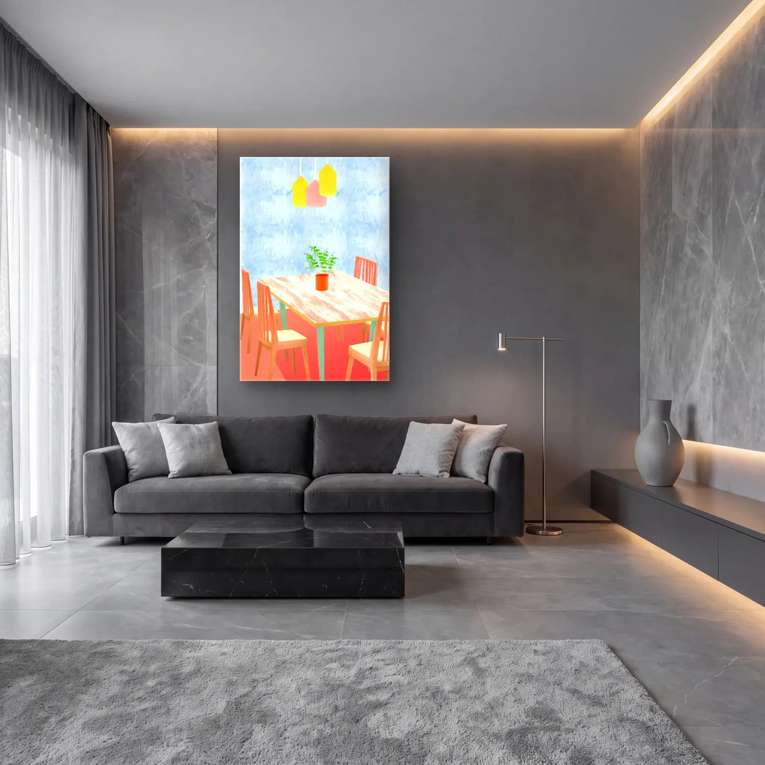 Pastel Vazo No. 6 cam tablo — lüks salon duvarında