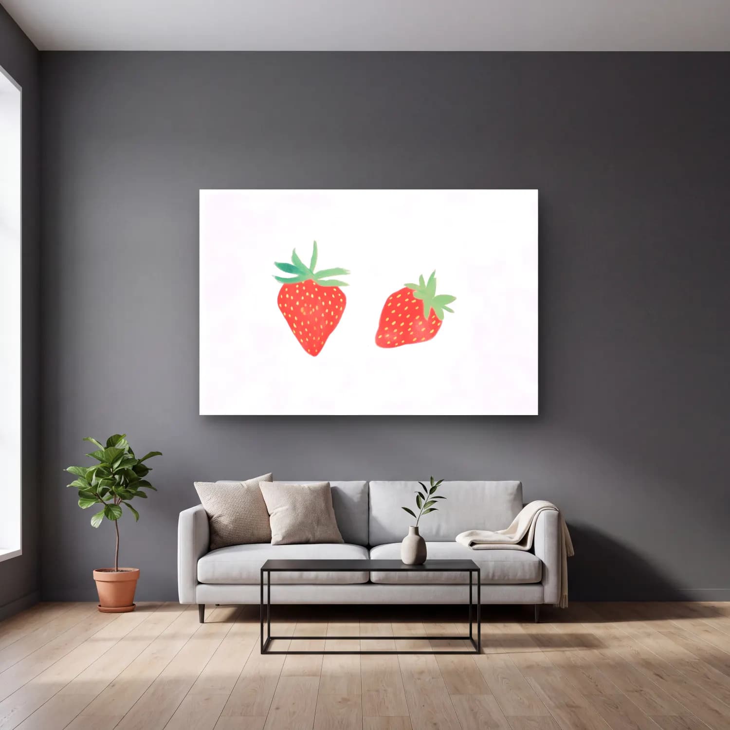 Pastel Çilekler No. 8 cam tablo — gri duvarlı salonda