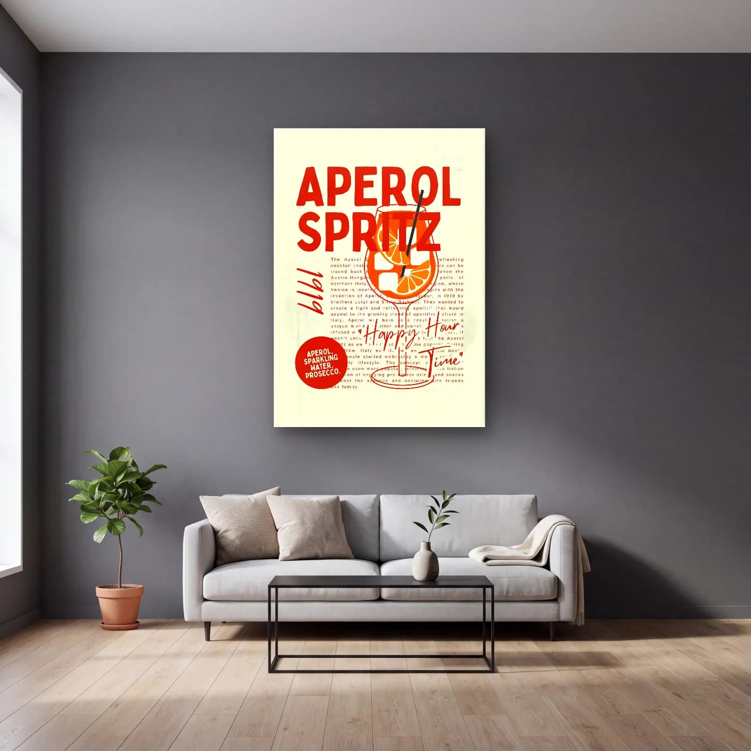 Vintage Poster Kokteyl cam tablo — gri duvarlı salonda