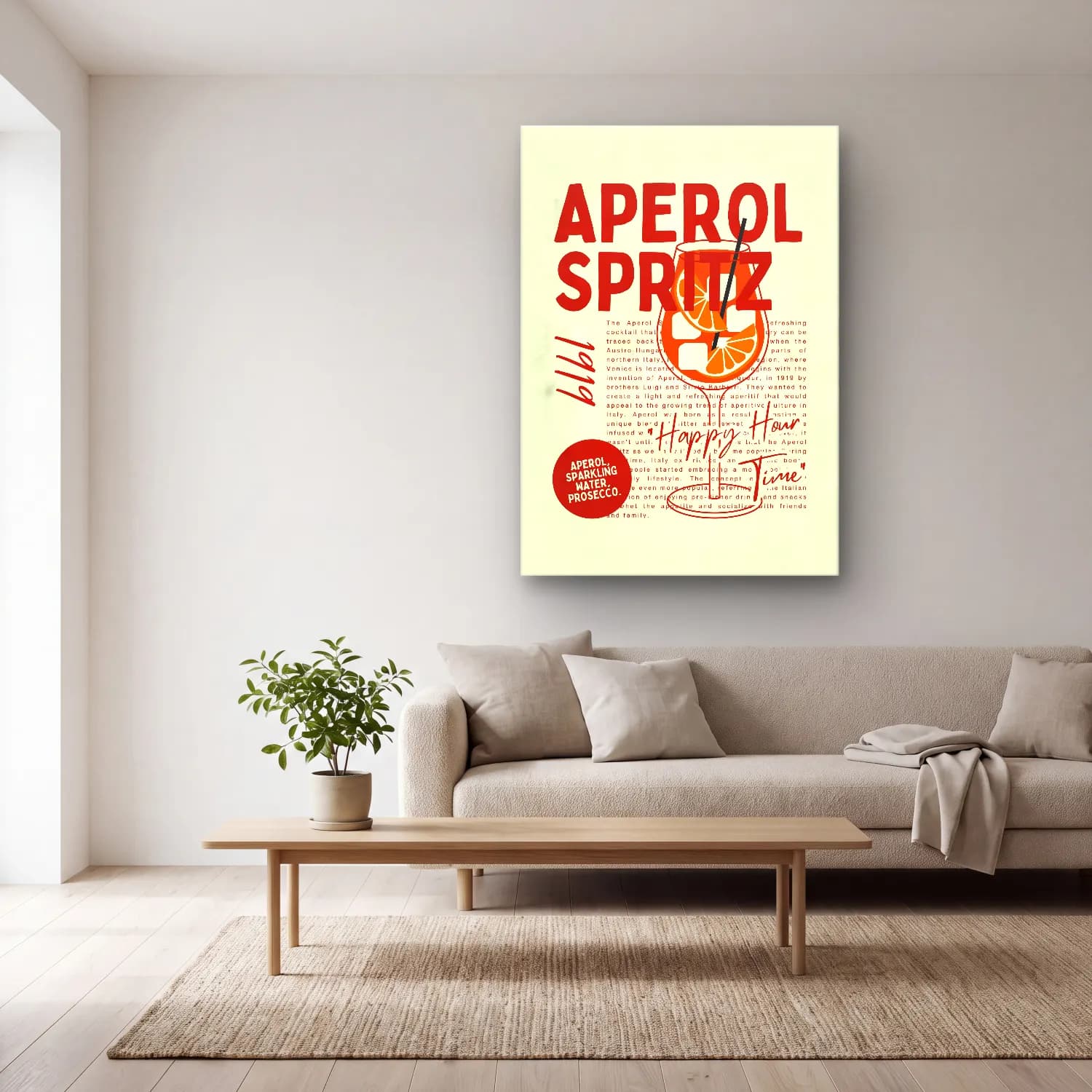 Vintage Poster Kokteyl cam tablo — açık renk salonda