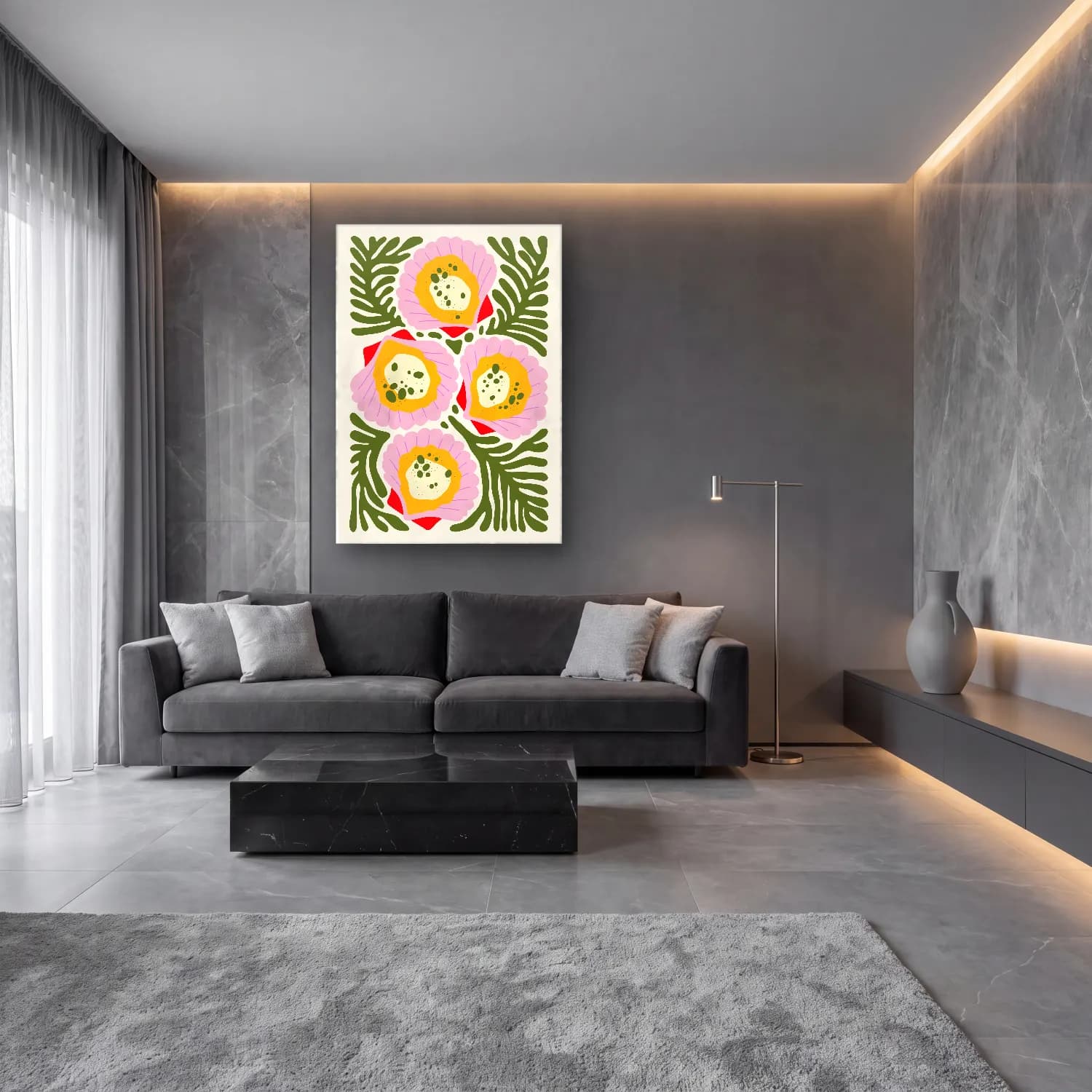 Boho Çiçek Deseni No. 103 cam tablo — lüks salon duvarında