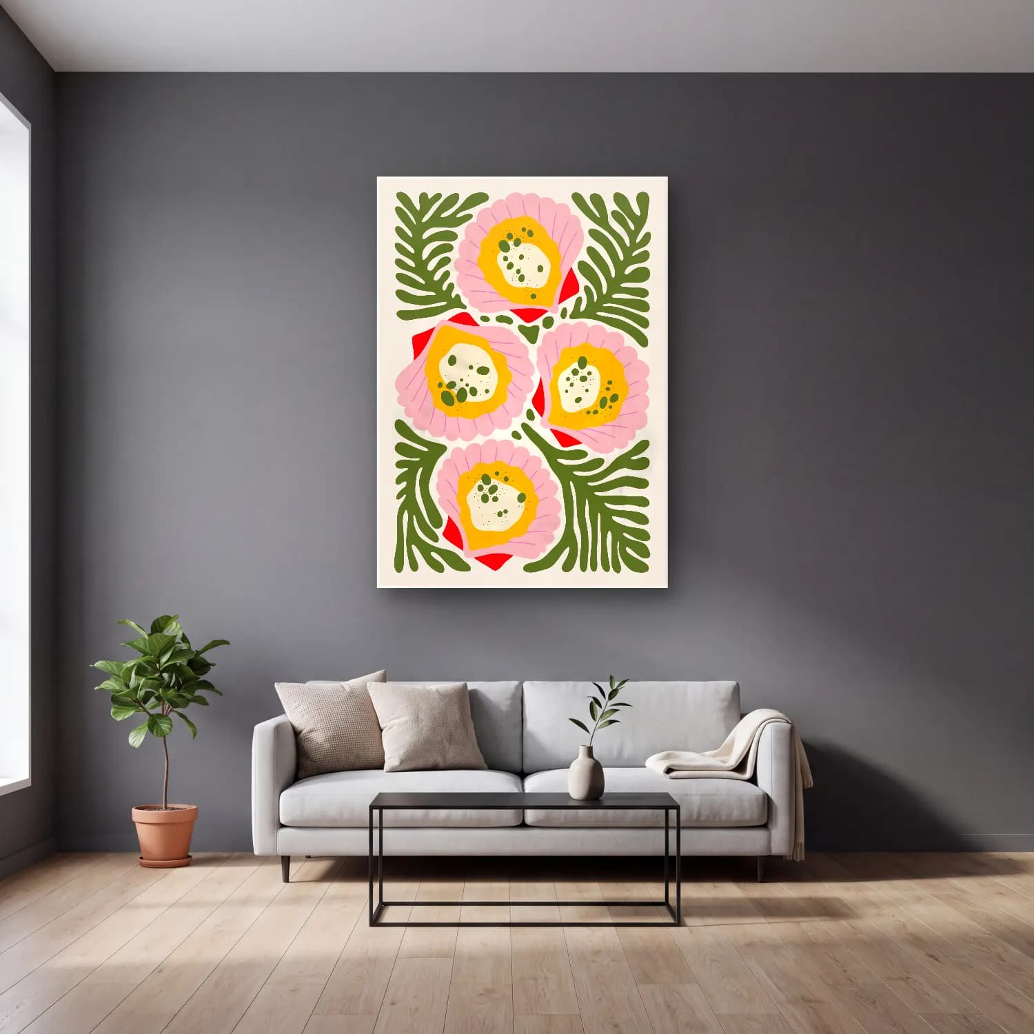 Boho Çiçek Deseni No. 103 cam tablo — gri duvarlı salonda