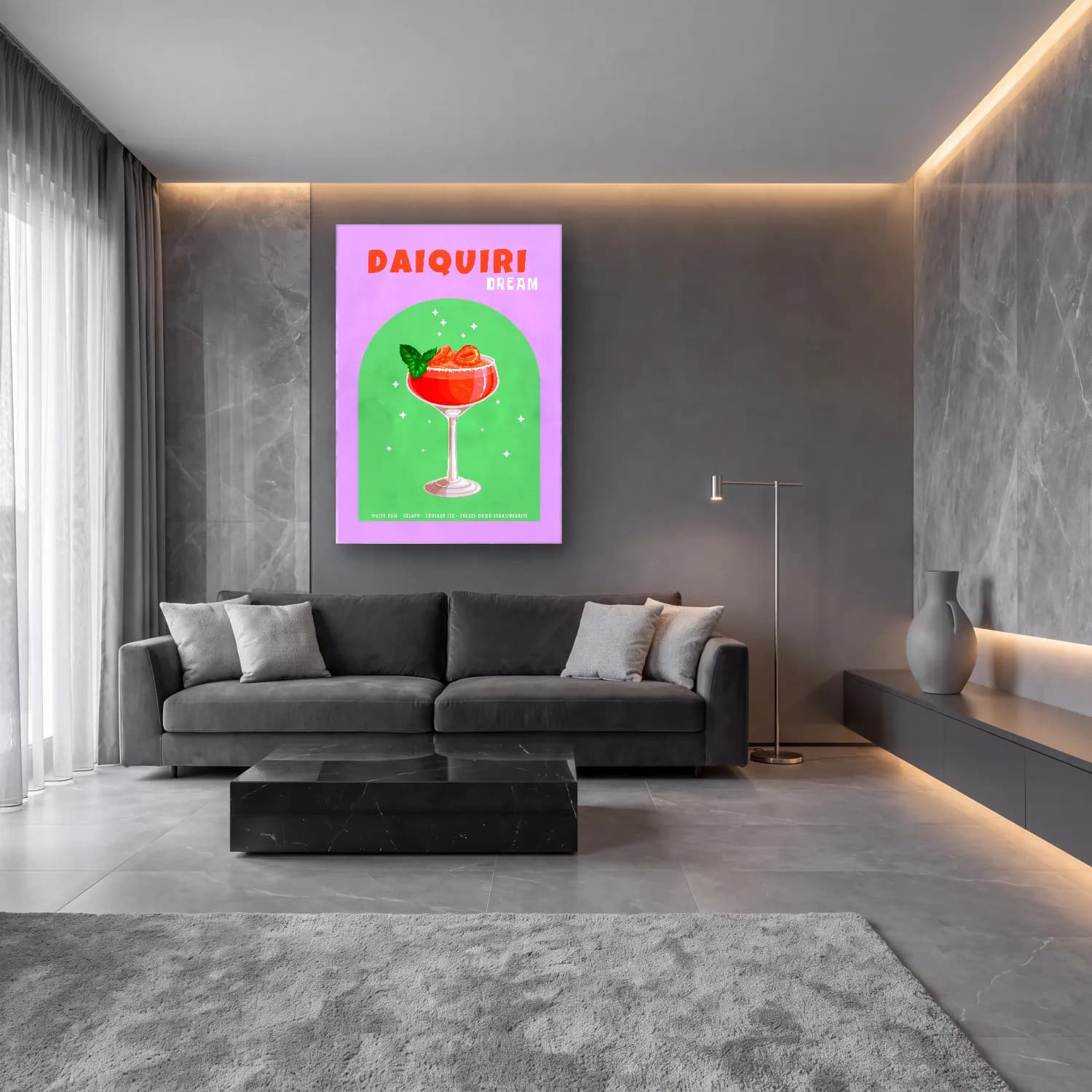 Sevimli İllüstrasyon Kokteyl – Pembe Tonlar cam tablo — lüks salon duvarında