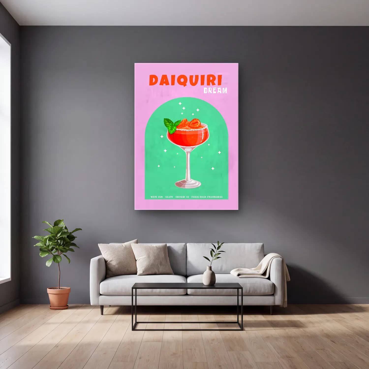Sevimli İllüstrasyon Kokteyl – Pembe Tonlar cam tablo — gri duvarlı salonda