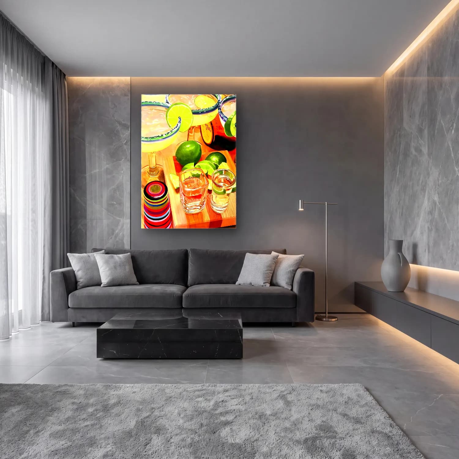 Suluboya Kokteyl – Yeşil Tonlar cam tablo — lüks salon duvarında