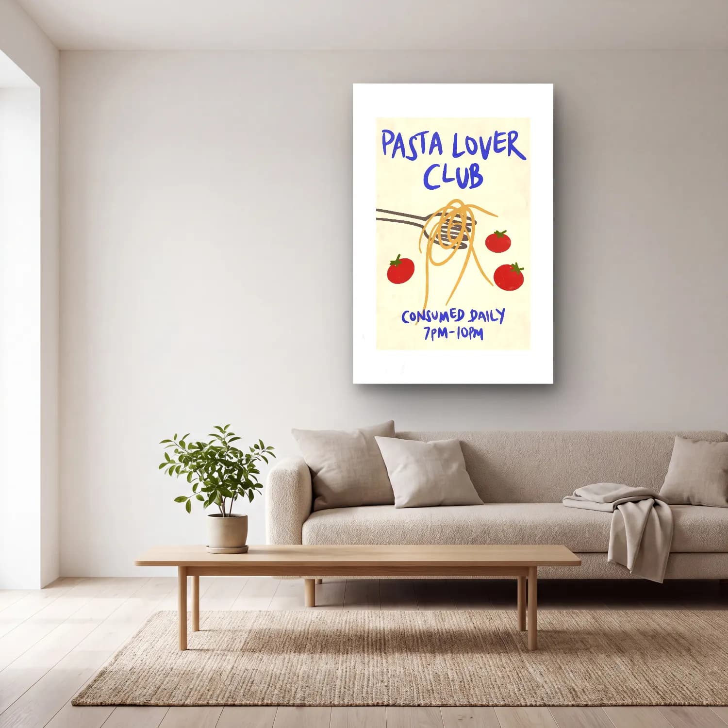 Vintage Poster Makarna No. 7 cam tablo — açık renk salonda