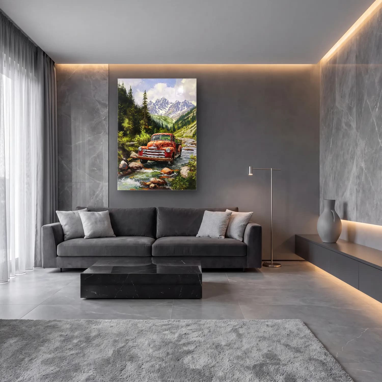 Yağlı Boya Dağ Manzarası cam tablo — lüks salon duvarında