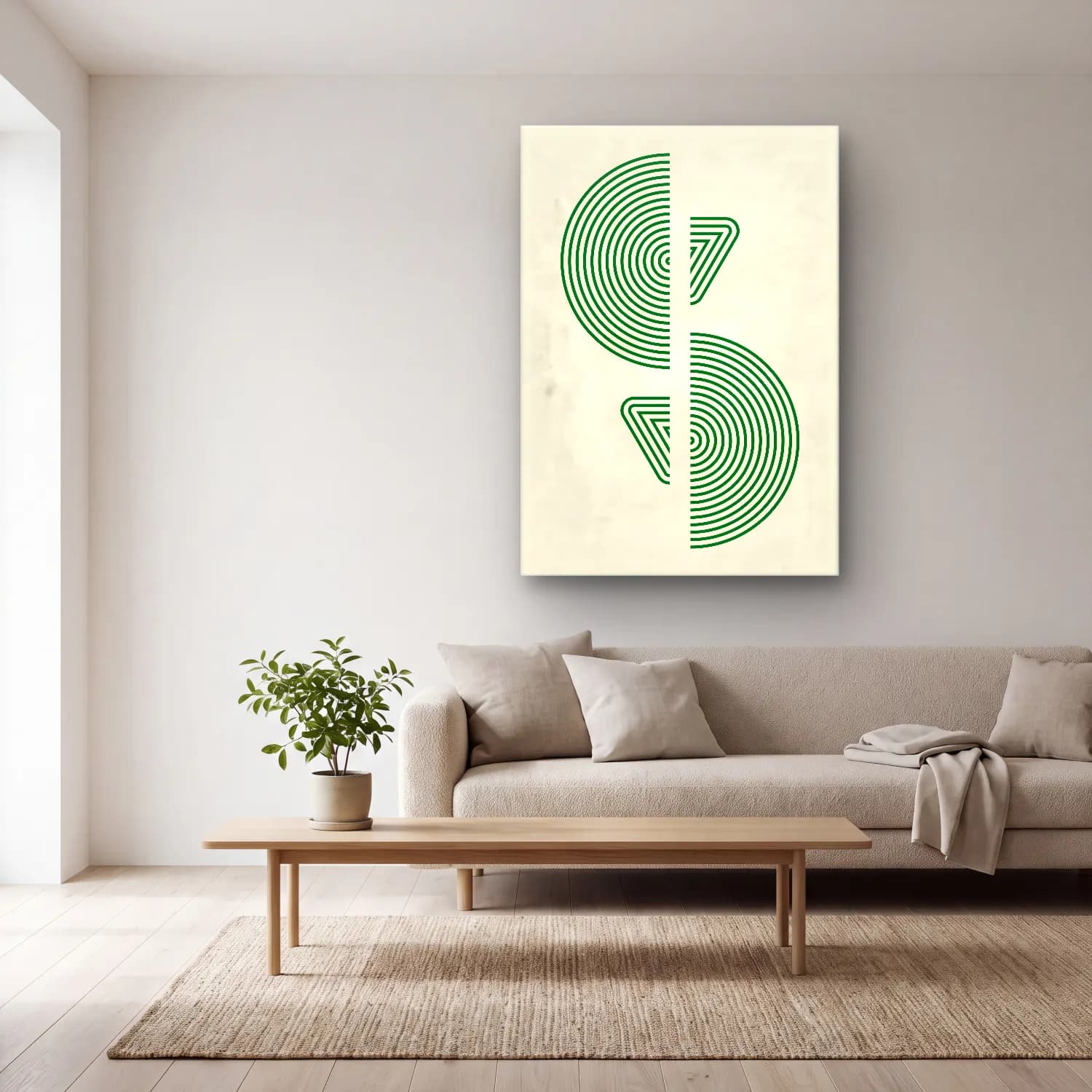 Çizgi Sanatı Geometrik Daireler No. 7 cam tablo — açık renk salonda