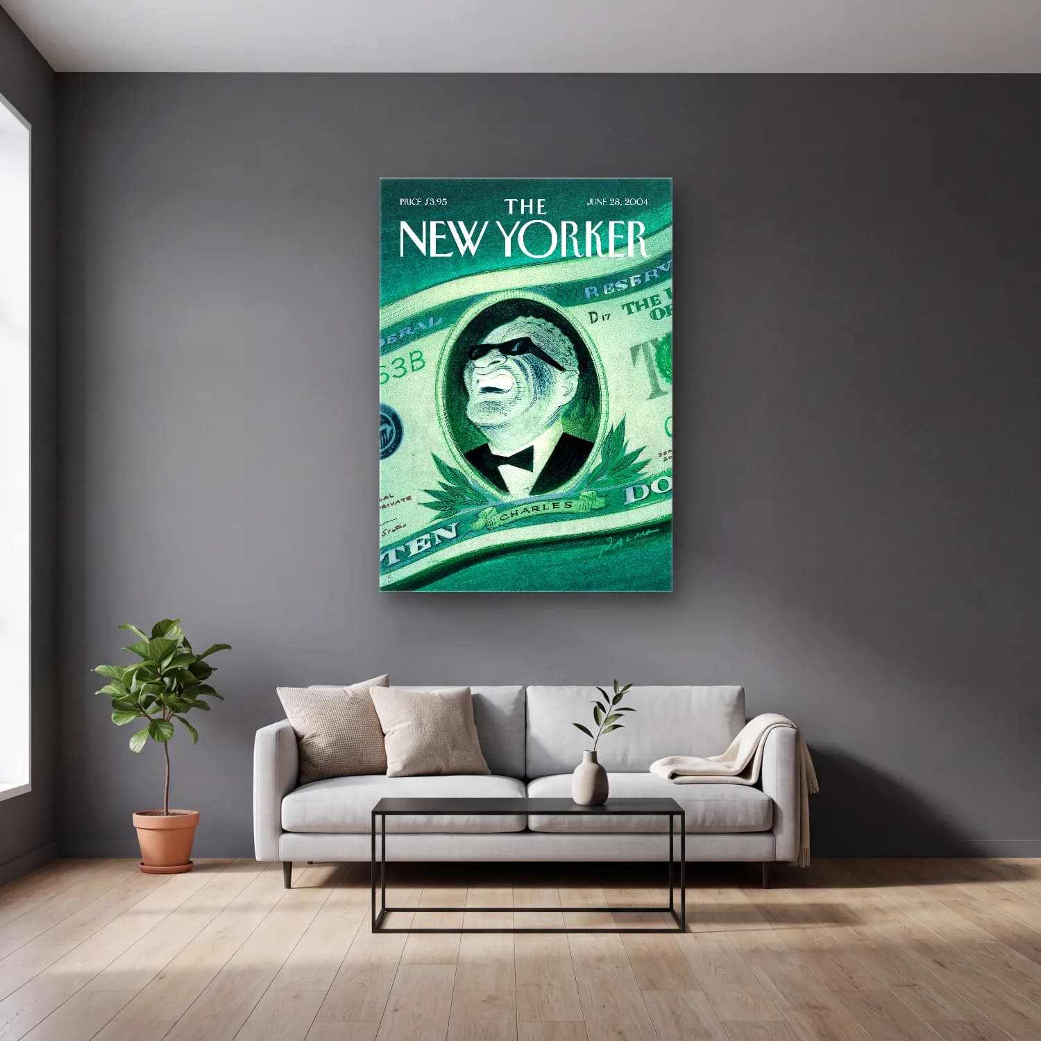 Vintage Poster Erkek Portresi cam tablo — gri duvarlı salonda