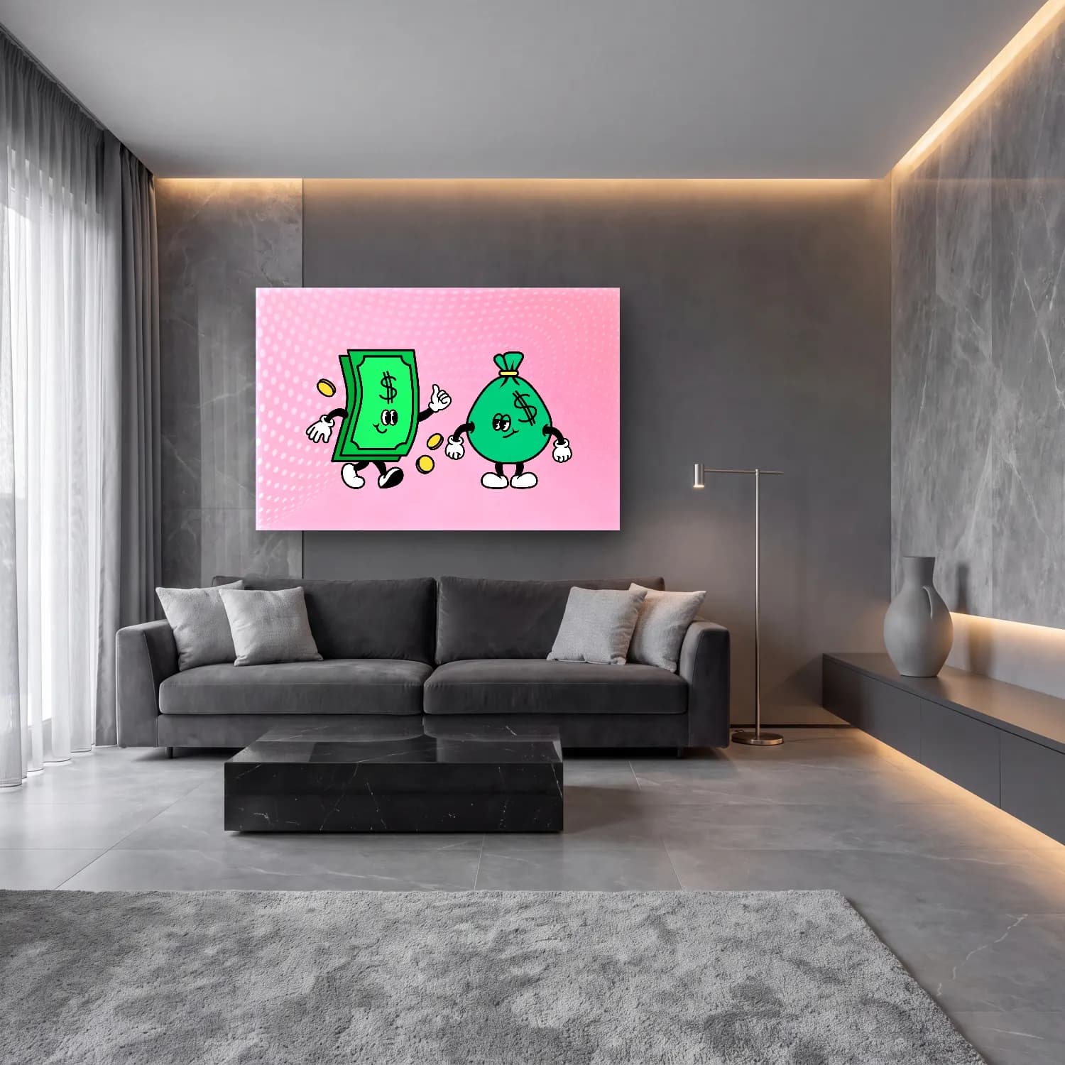 Sevimli İllüstrasyon Vazo – Pembe Tonlar cam tablo — lüks salon duvarında