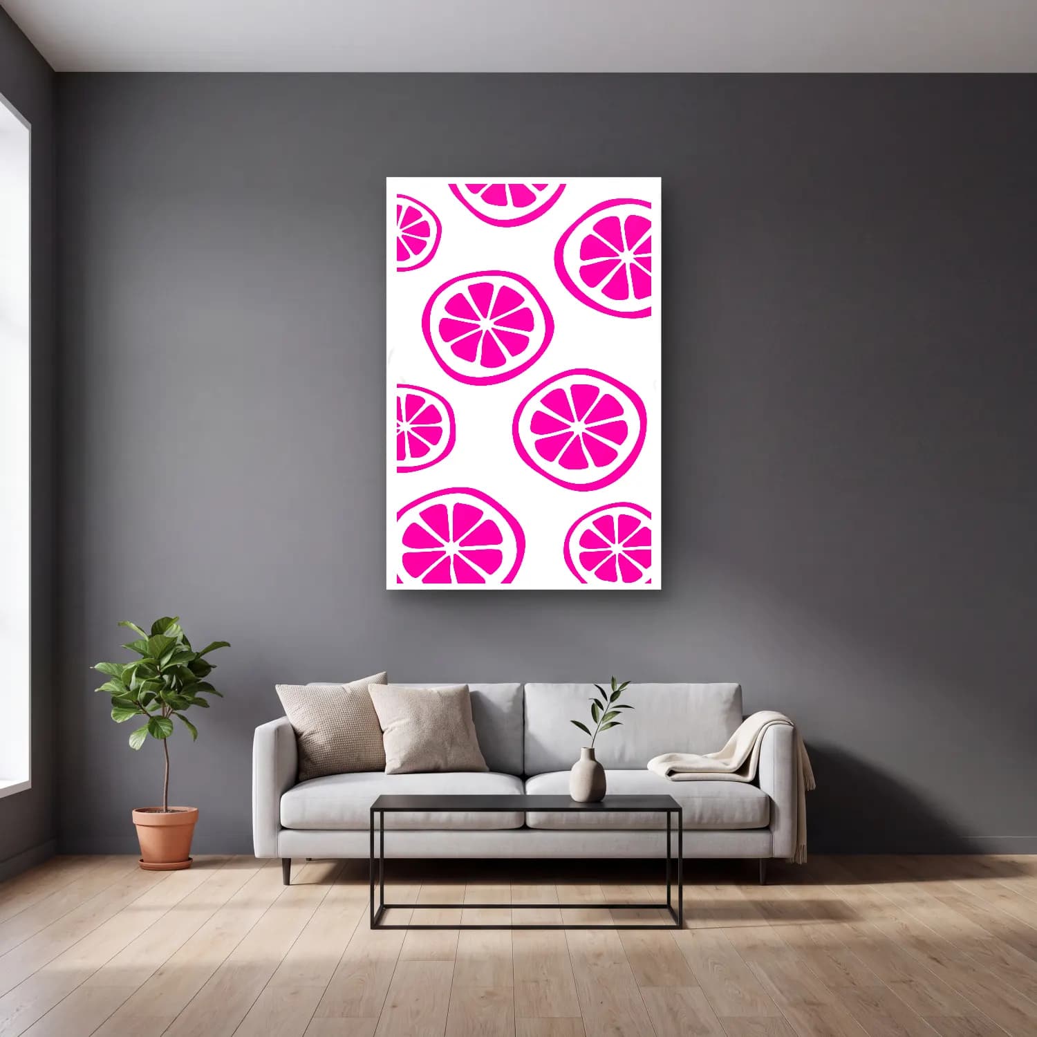Retro Limonlar – Pembe Tonlar cam tablo — gri duvarlı salonda