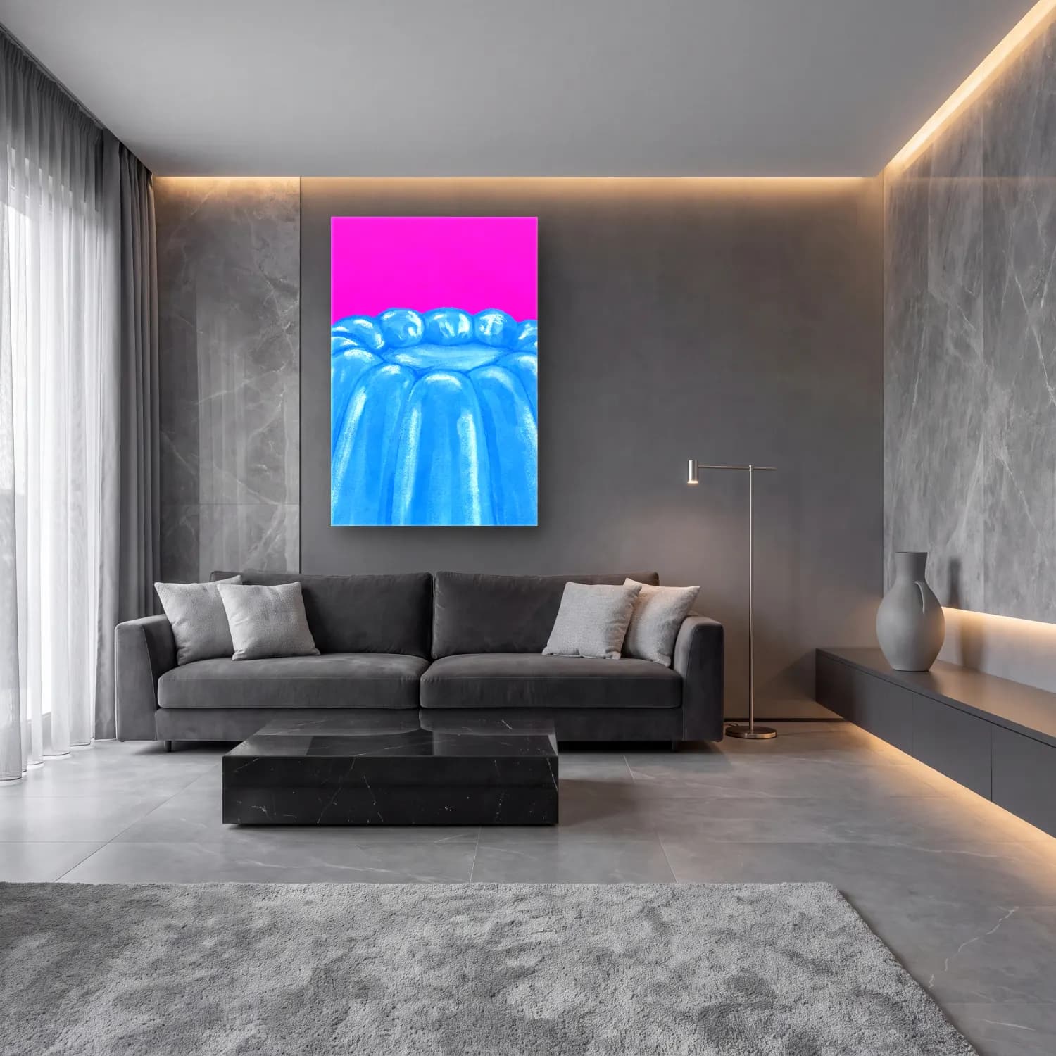 Pop Art Denizanası cam tablo — lüks salon duvarında