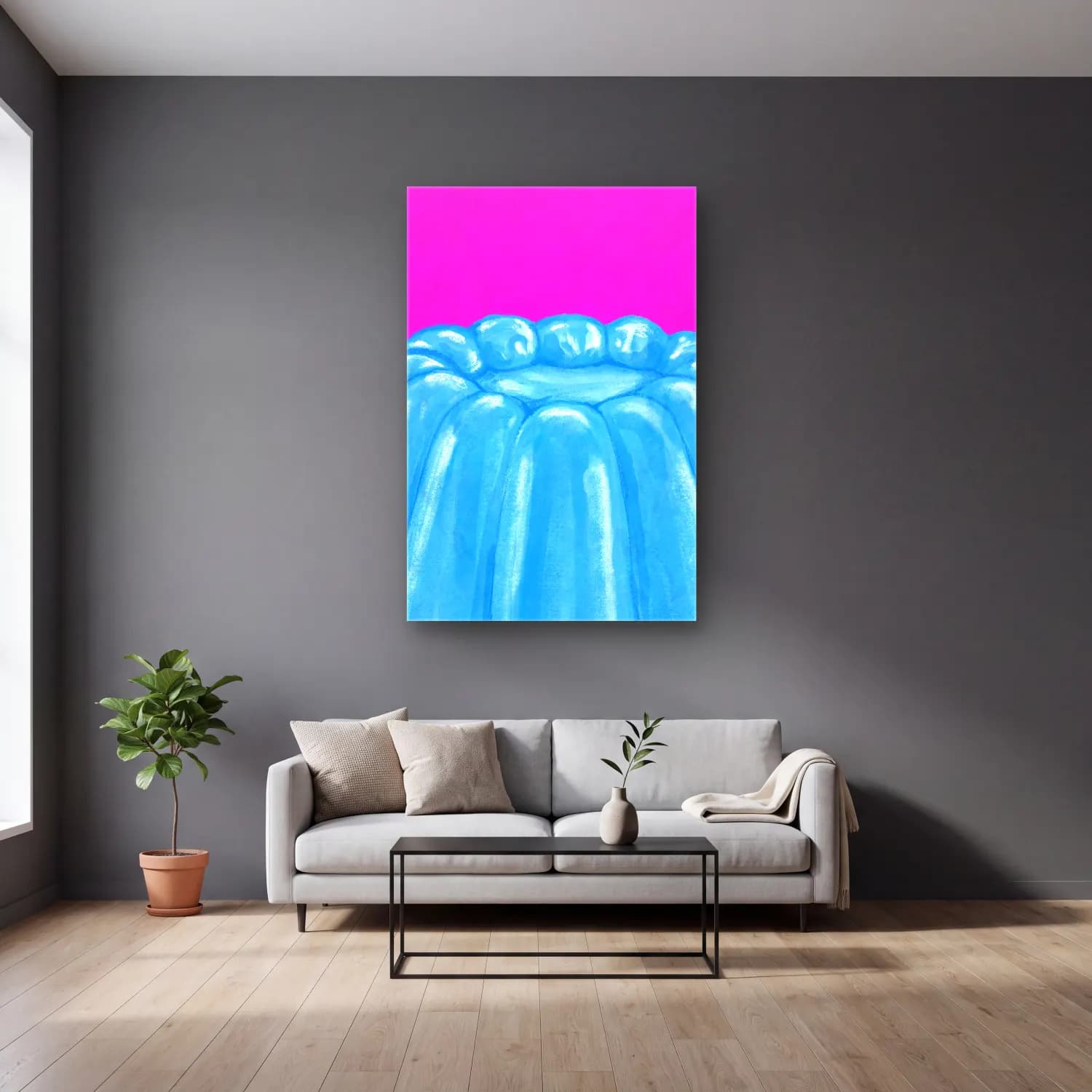 Pop Art Denizanası cam tablo — gri duvarlı salonda