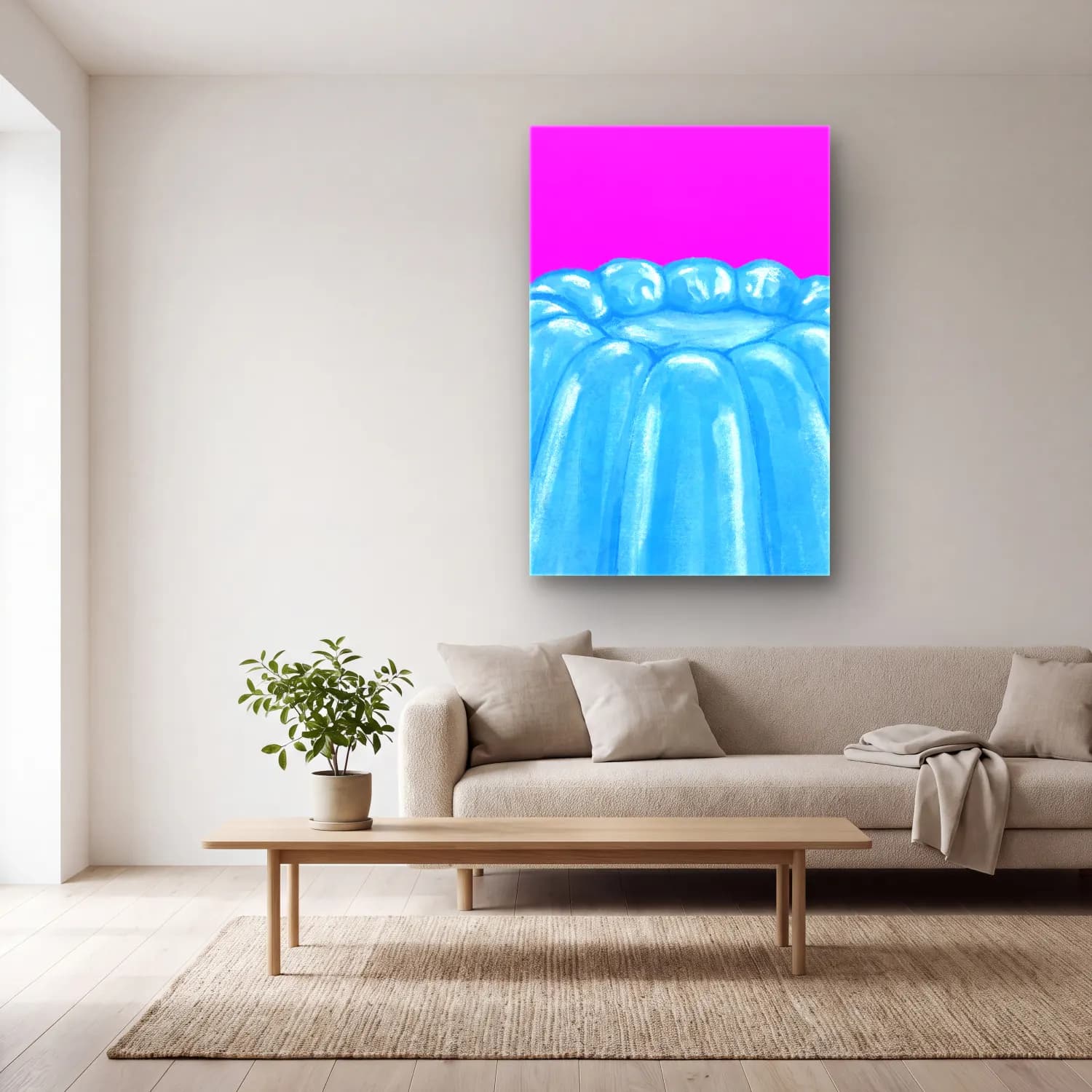 Pop Art Denizanası cam tablo — açık renk salonda