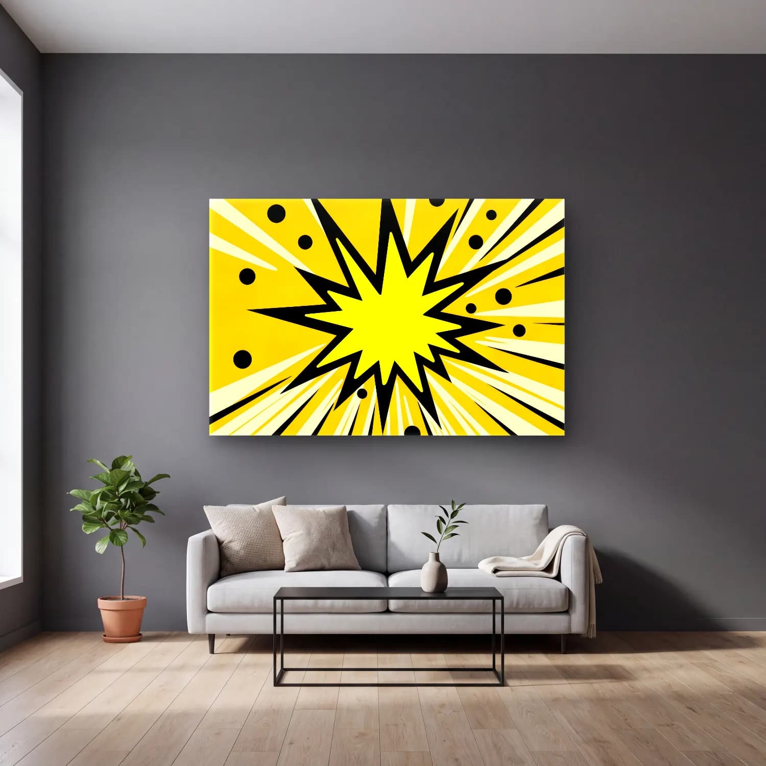 Pop Art Altın Doku cam tablo — gri duvarlı salonda