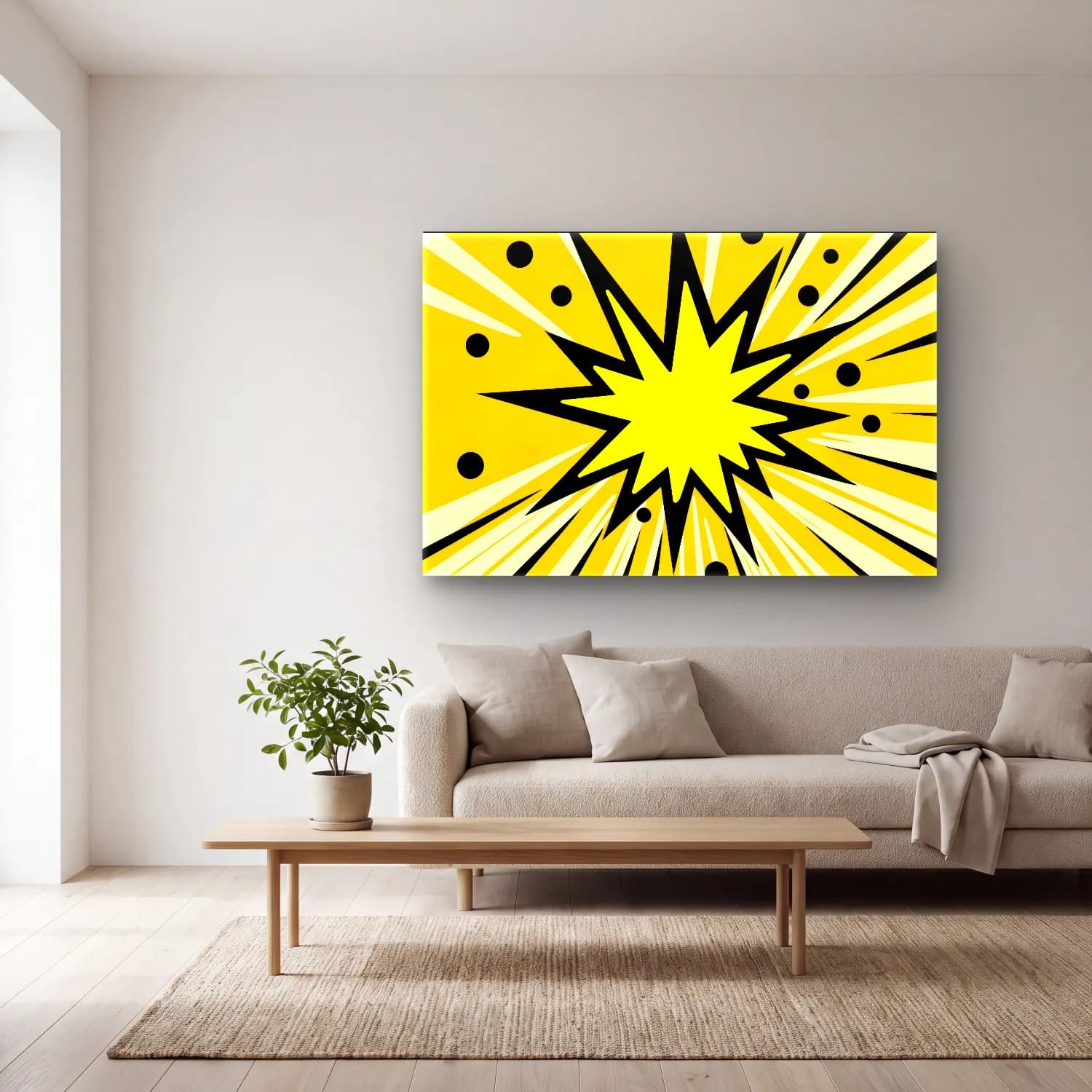 Pop Art Altın Doku cam tablo — açık renk salonda