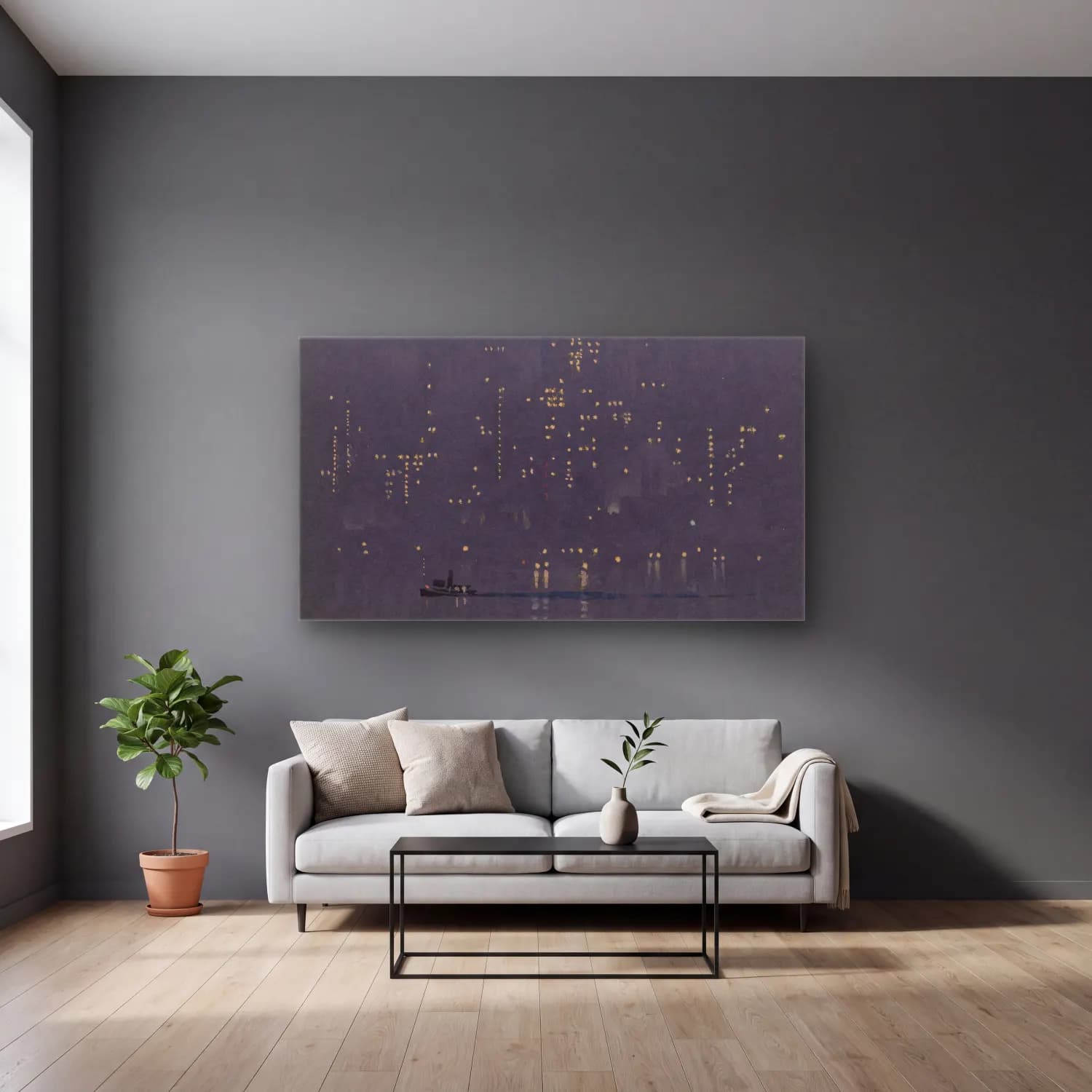 Joseph Pennell – Night lights of Manhattan cam tablo — gri duvarlı salonda