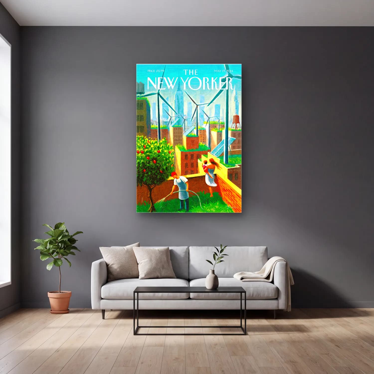 Vintage Poster New York Silüeti cam tablo — gri duvarlı salonda