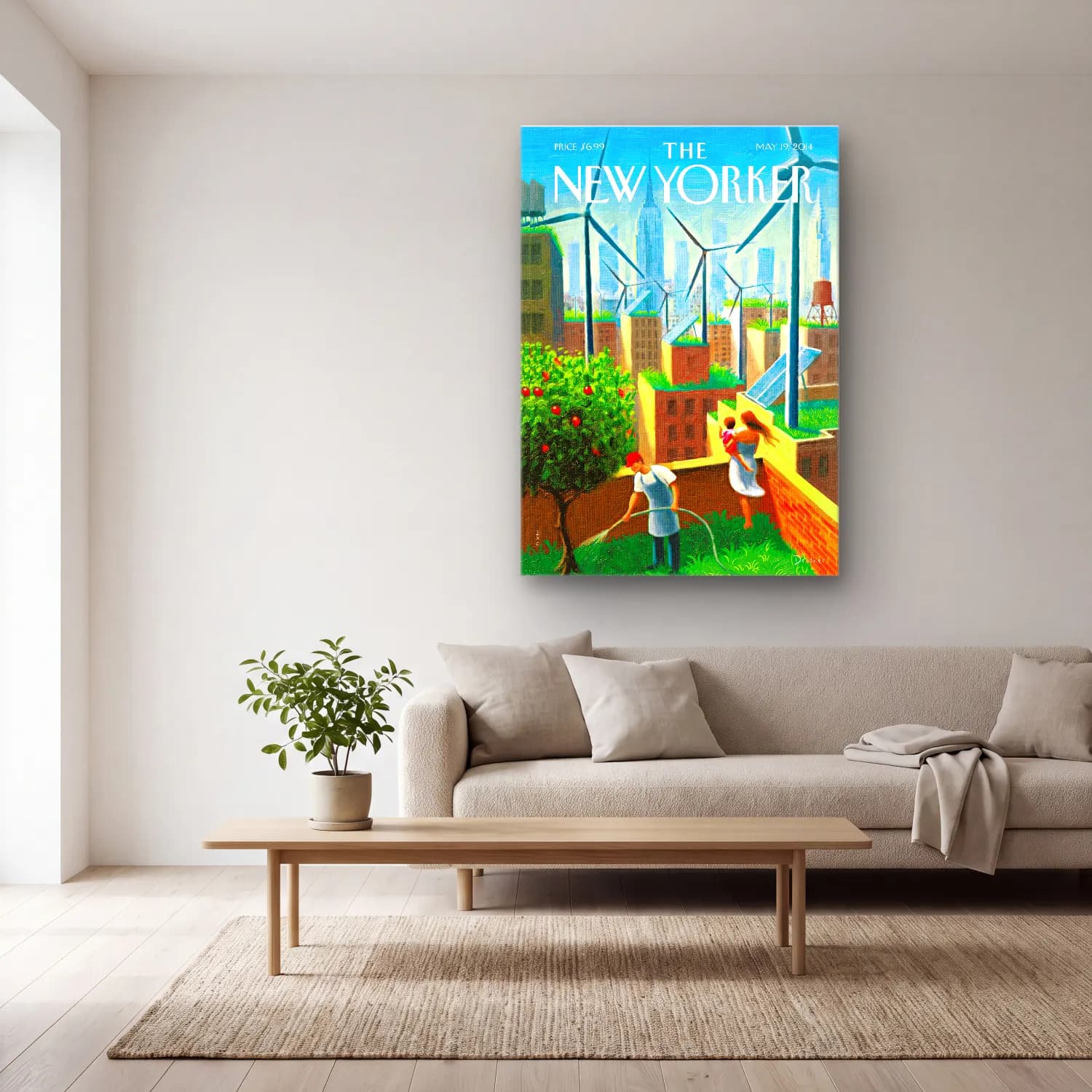 Vintage Poster New York Silüeti cam tablo — açık renk salonda