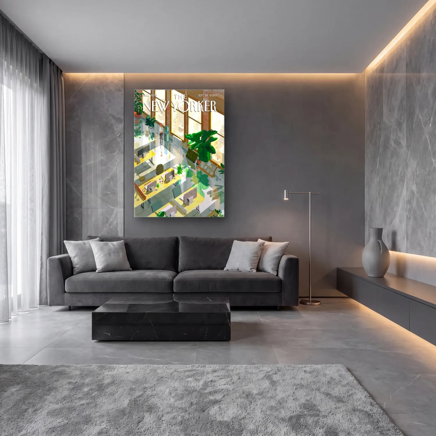 Modern Soyut Çiçek Pazarı cam tablo — lüks salon duvarında