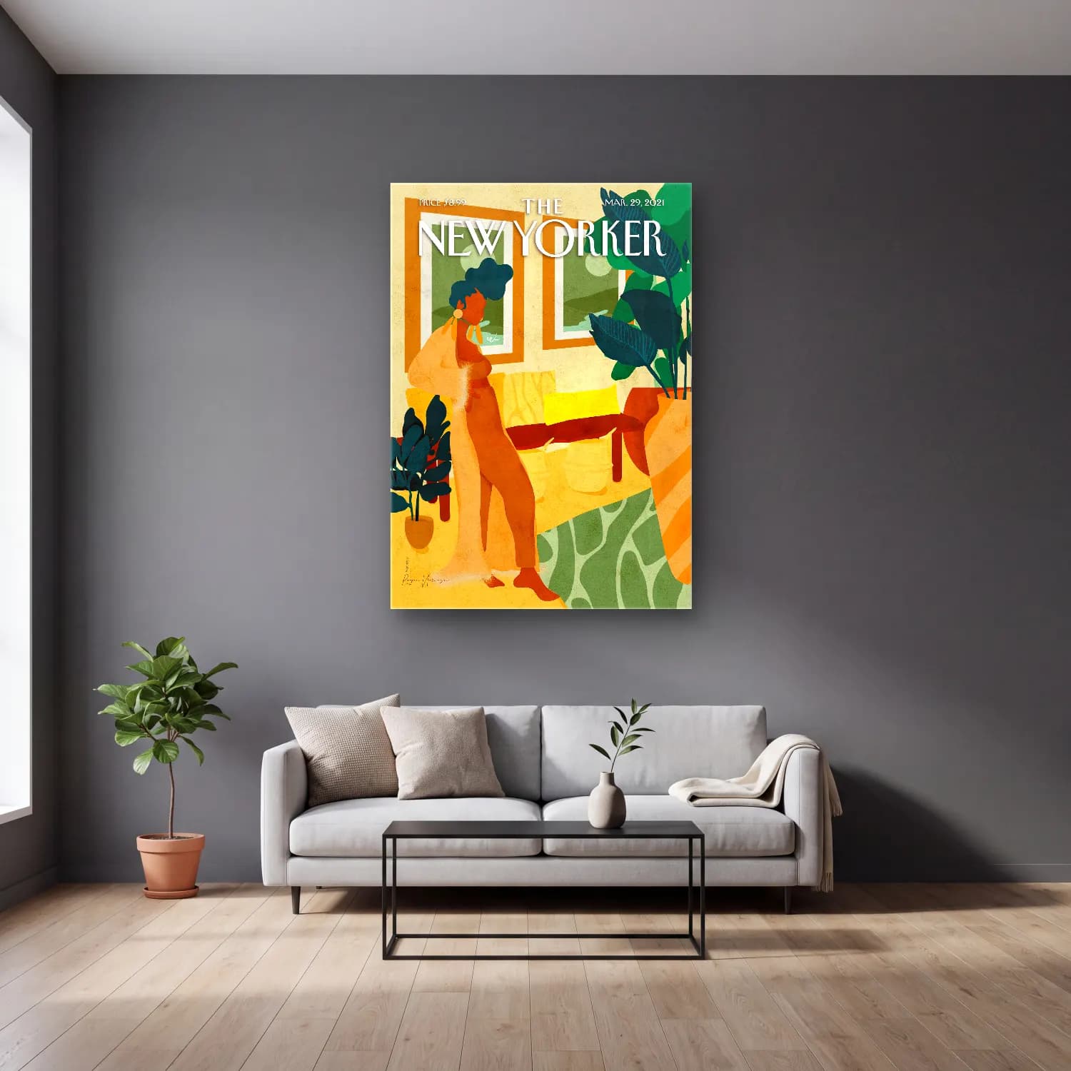 Boho Vintage İç Mekân cam tablo — gri duvarlı salonda