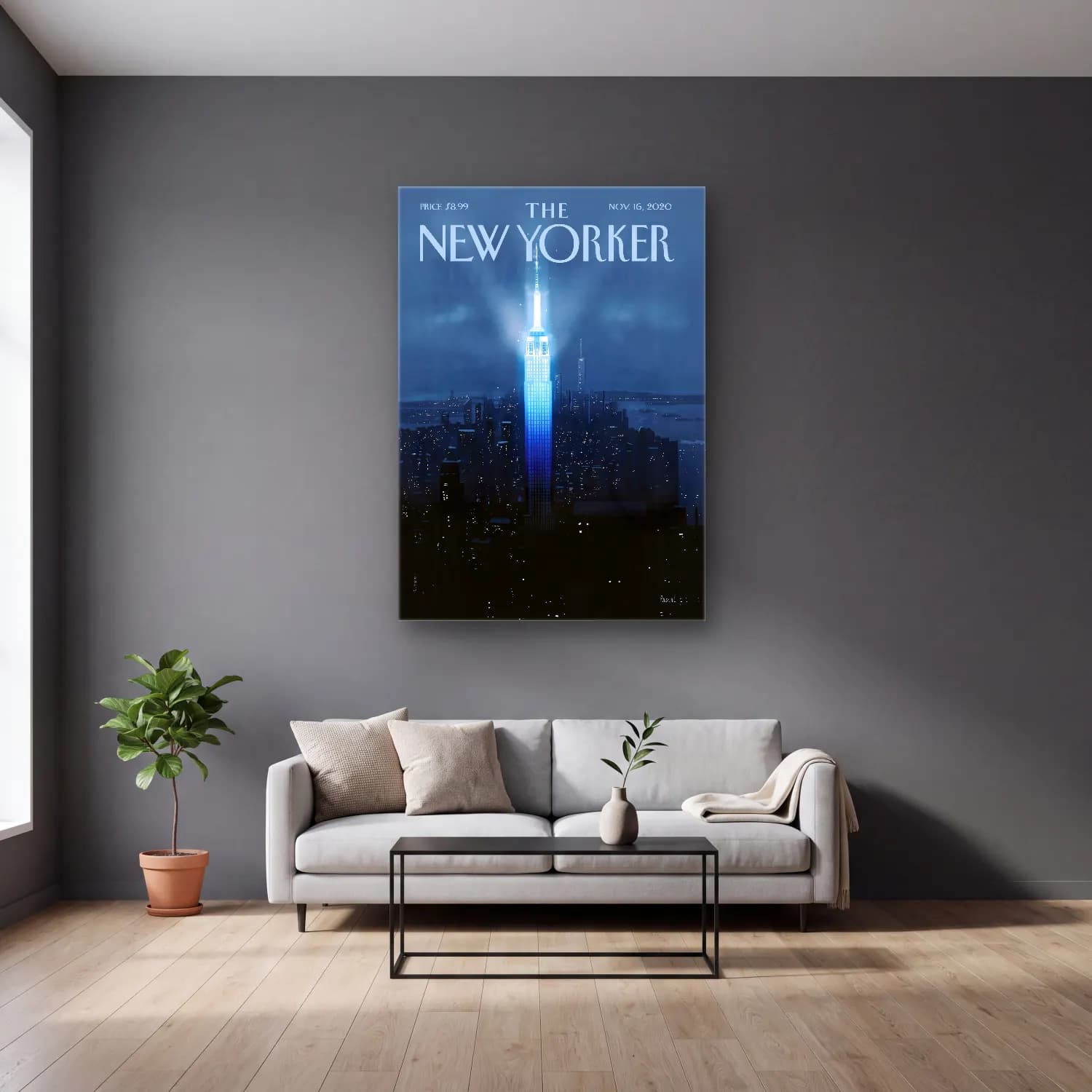 Vintage Poster New York Silüeti – Mavi Tonlar cam tablo — gri duvarlı salonda