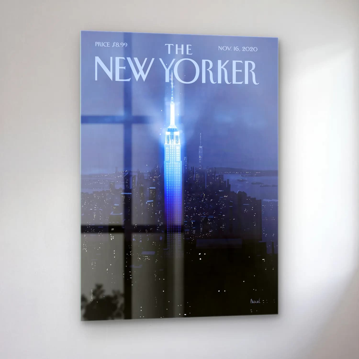 Vintage Poster New York Silüeti – Mavi Tonlar cam tablo — sol açıdan görünüm