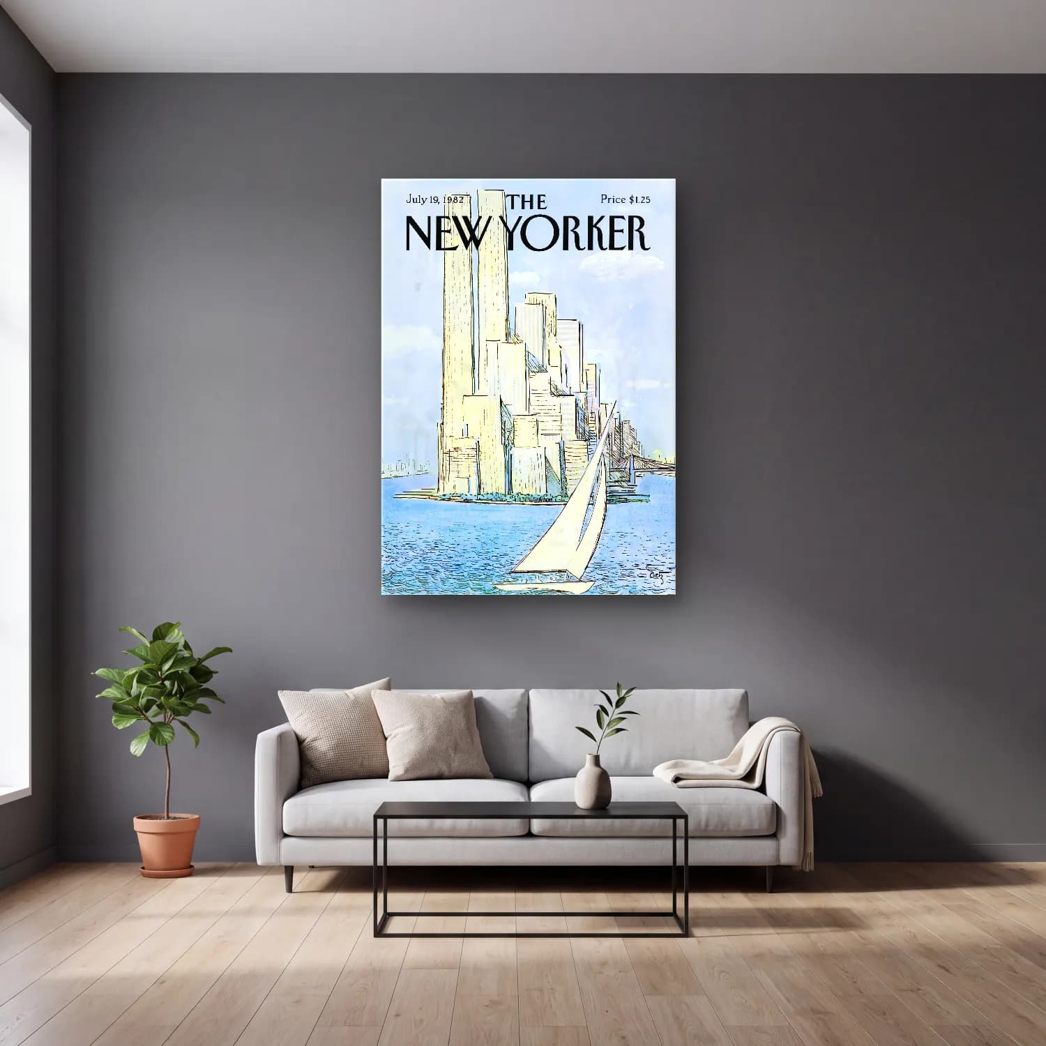 Vintage New York Silüeti cam tablo — gri duvarlı salonda