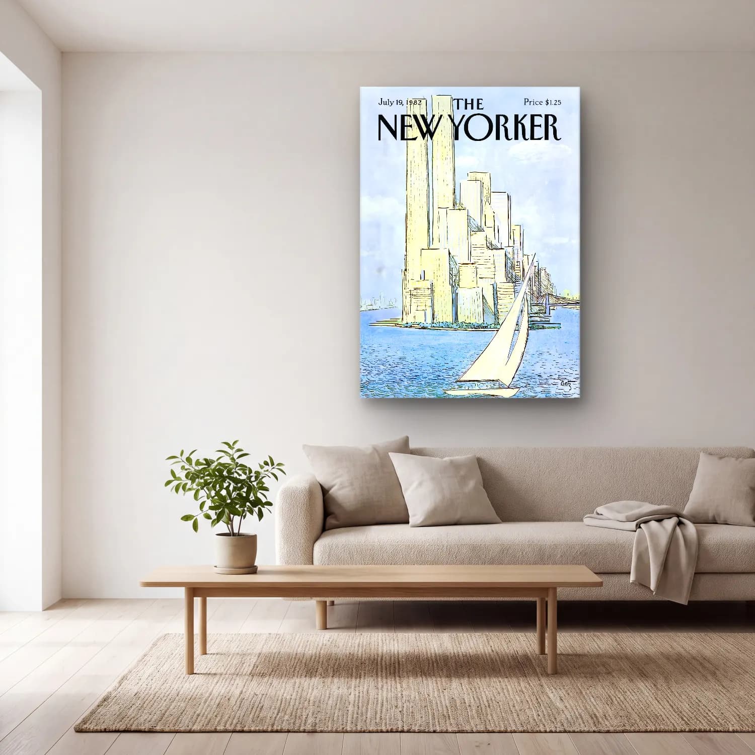 Vintage New York Silüeti cam tablo — açık renk salonda