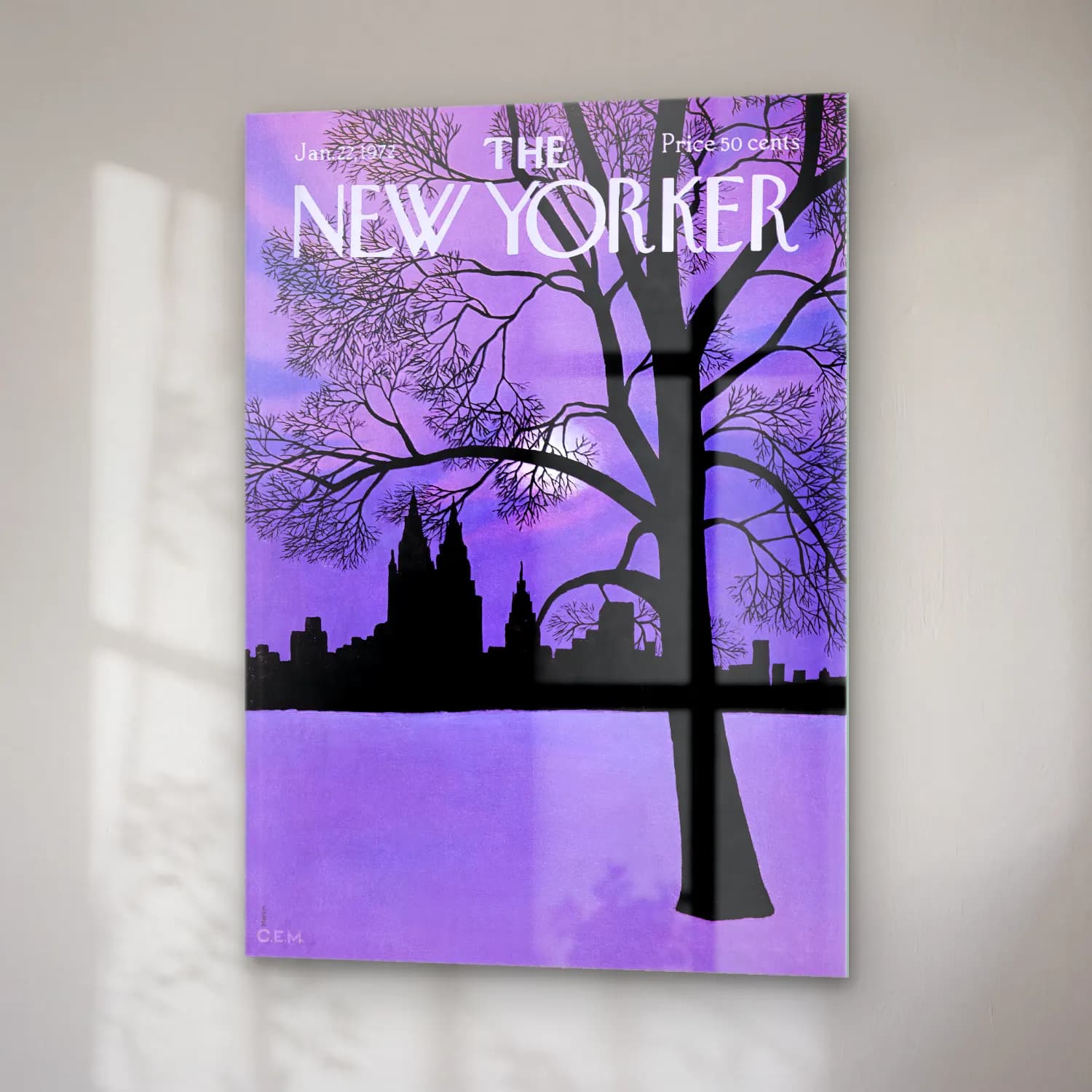 Vintage Poster New York Silüeti – Mor Tonlar cam tablo — sağ açıdan görünüm