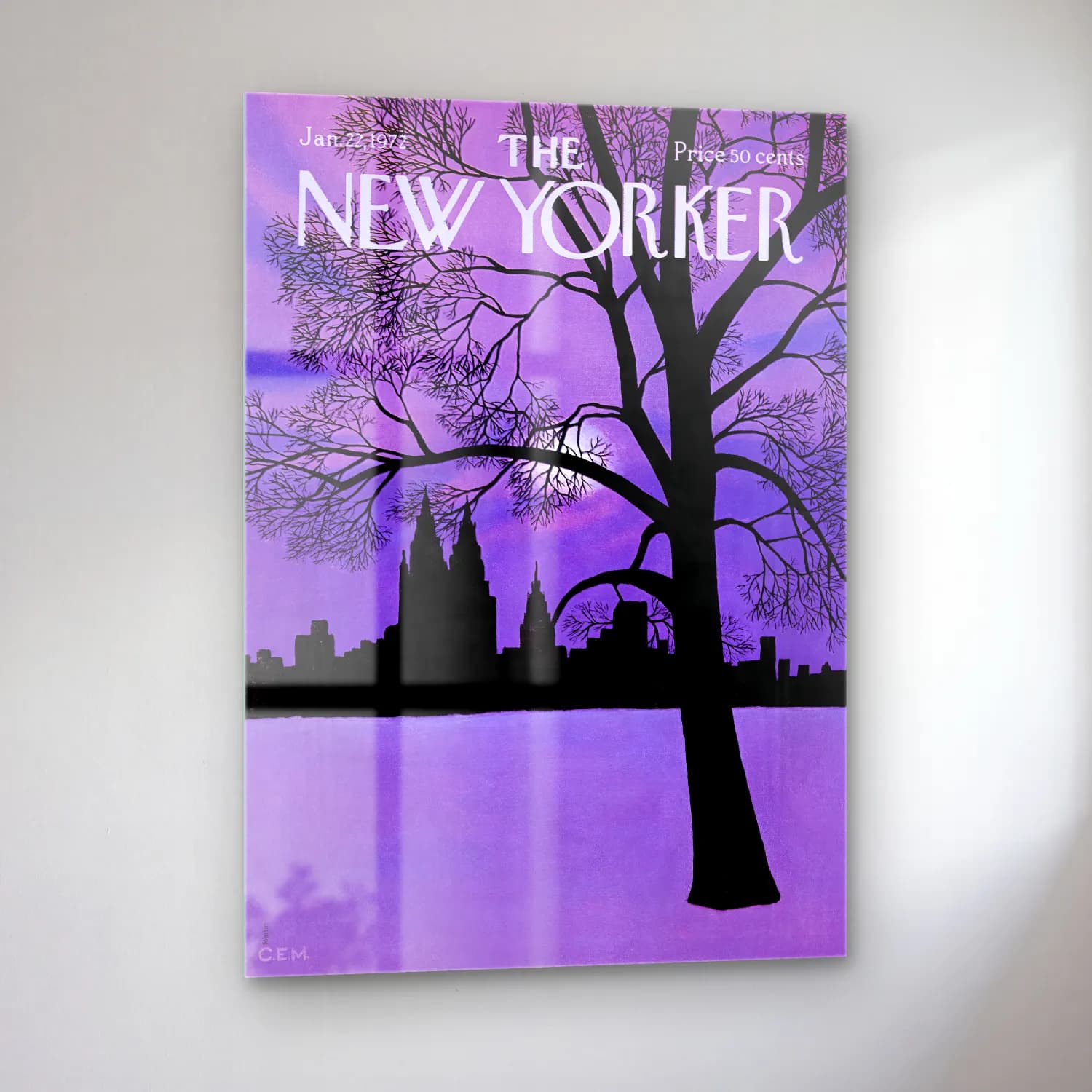 Vintage Poster New York Silüeti – Mor Tonlar cam tablo — sol açıdan görünüm