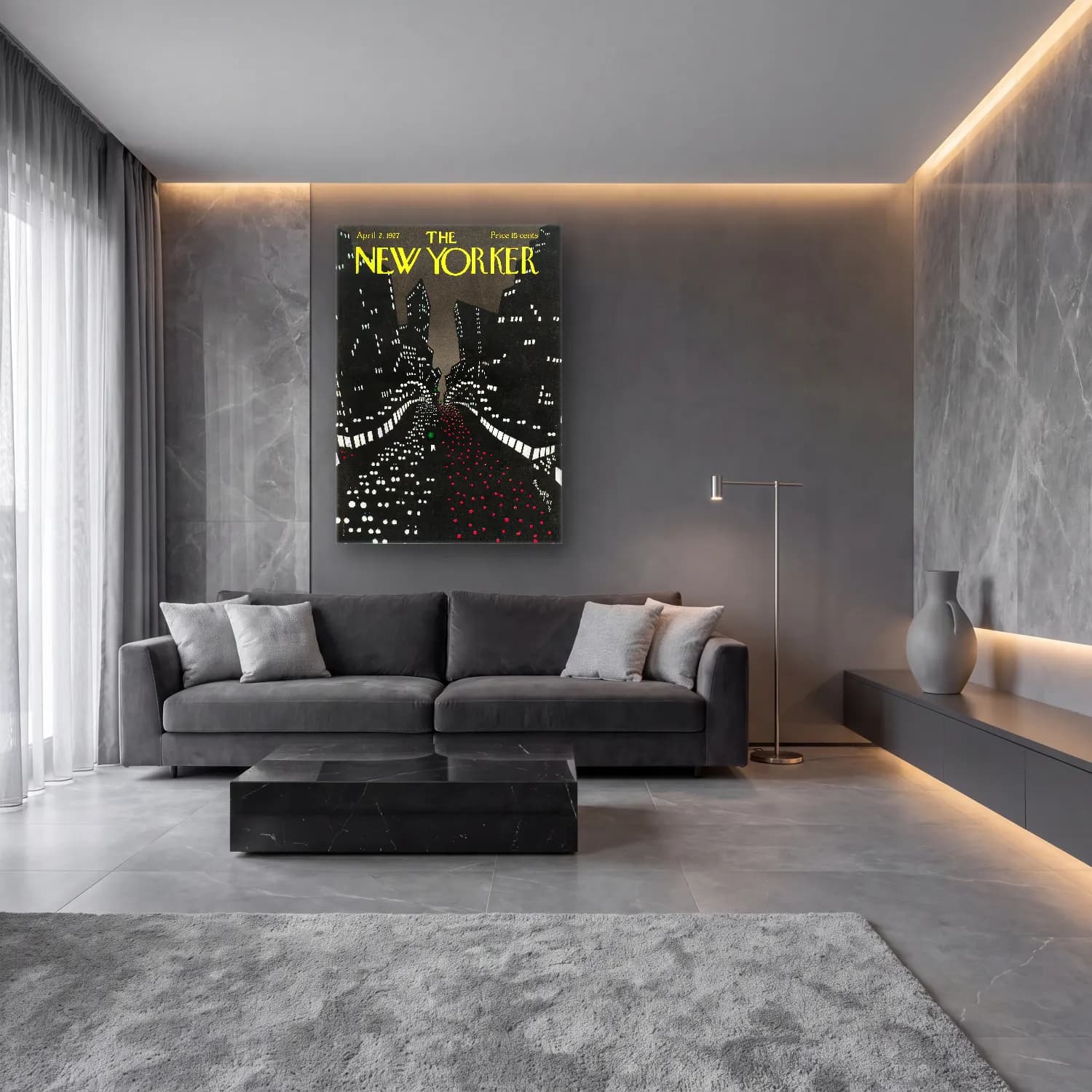 Vintage Poster Gece Şehir – Siyah Beyaz Tonlar cam tablo — lüks salon duvarında