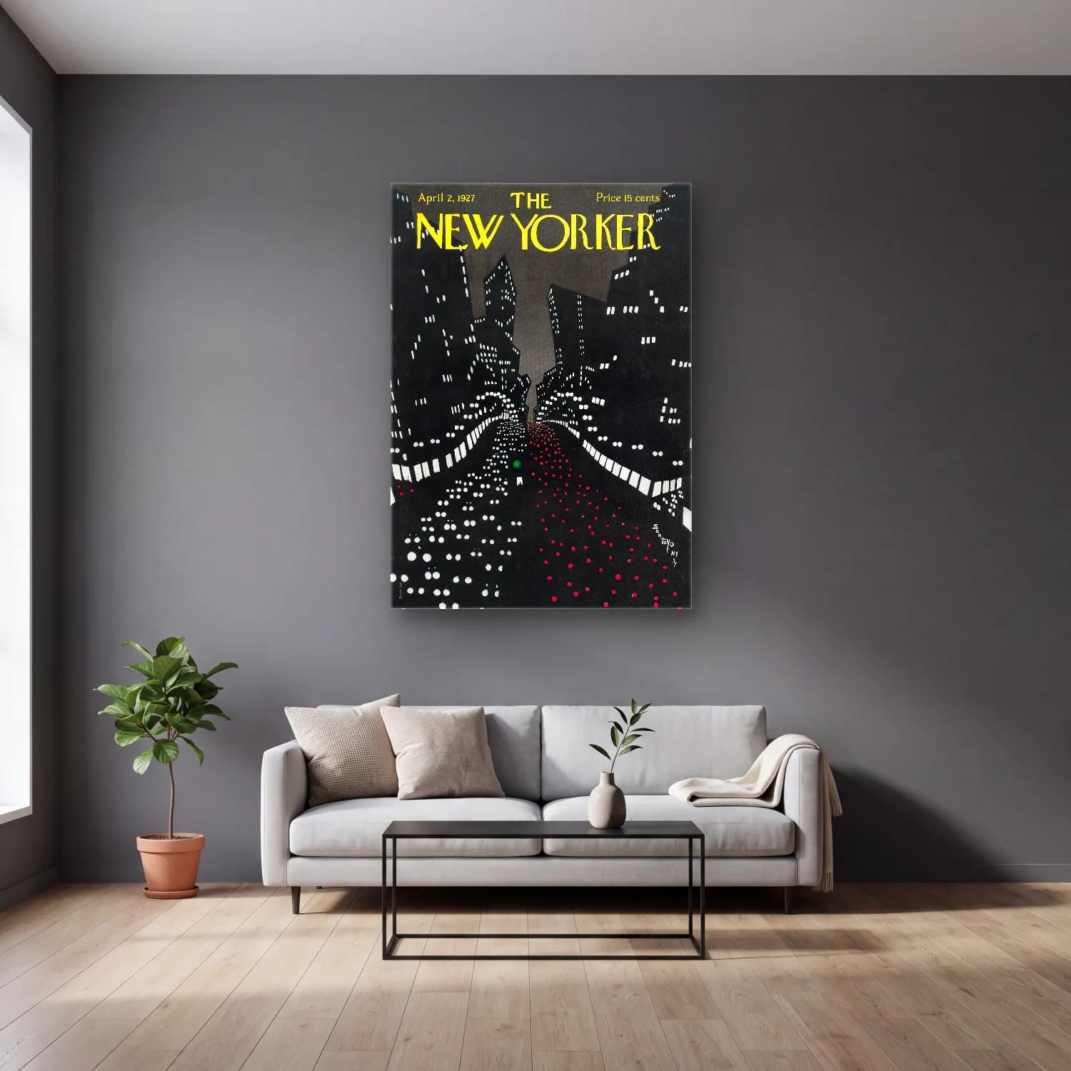 Vintage Poster Gece Şehir – Siyah Beyaz Tonlar cam tablo — gri duvarlı salonda