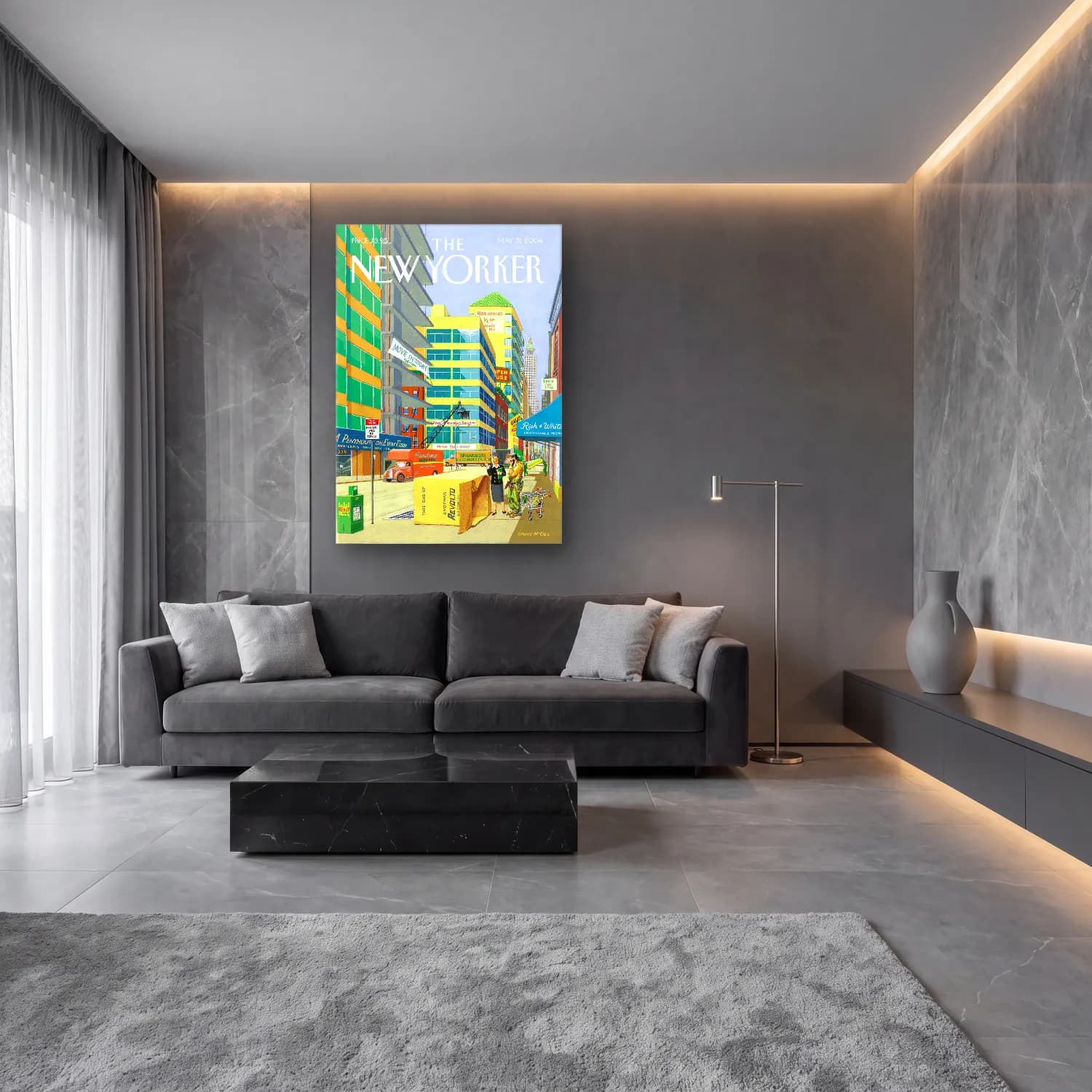 Maksimalist New York Silüeti cam tablo — lüks salon duvarında