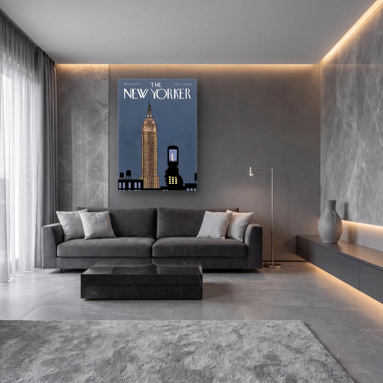 Pop Art New York Silüeti cam tablo — lüks salon duvarında