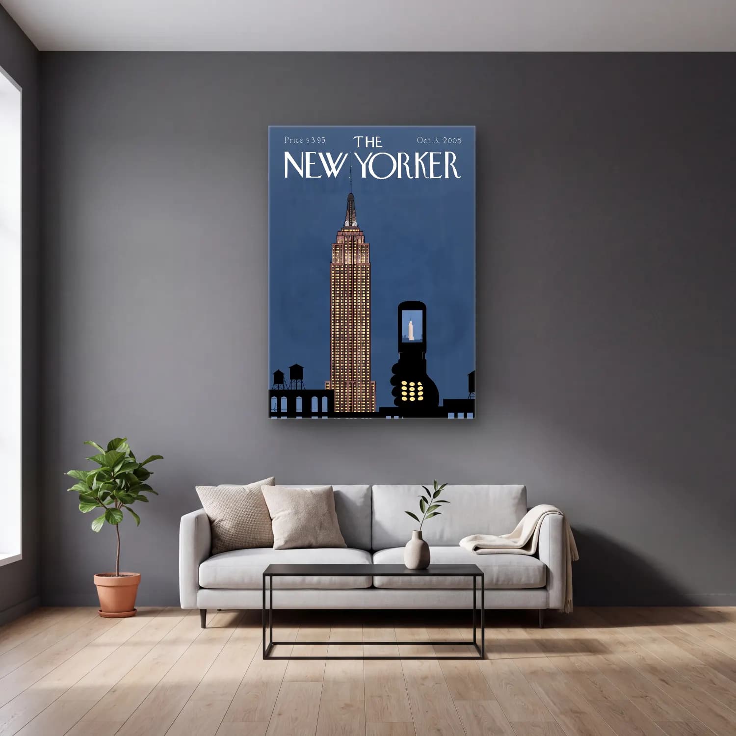 Pop Art New York Silüeti cam tablo — gri duvarlı salonda