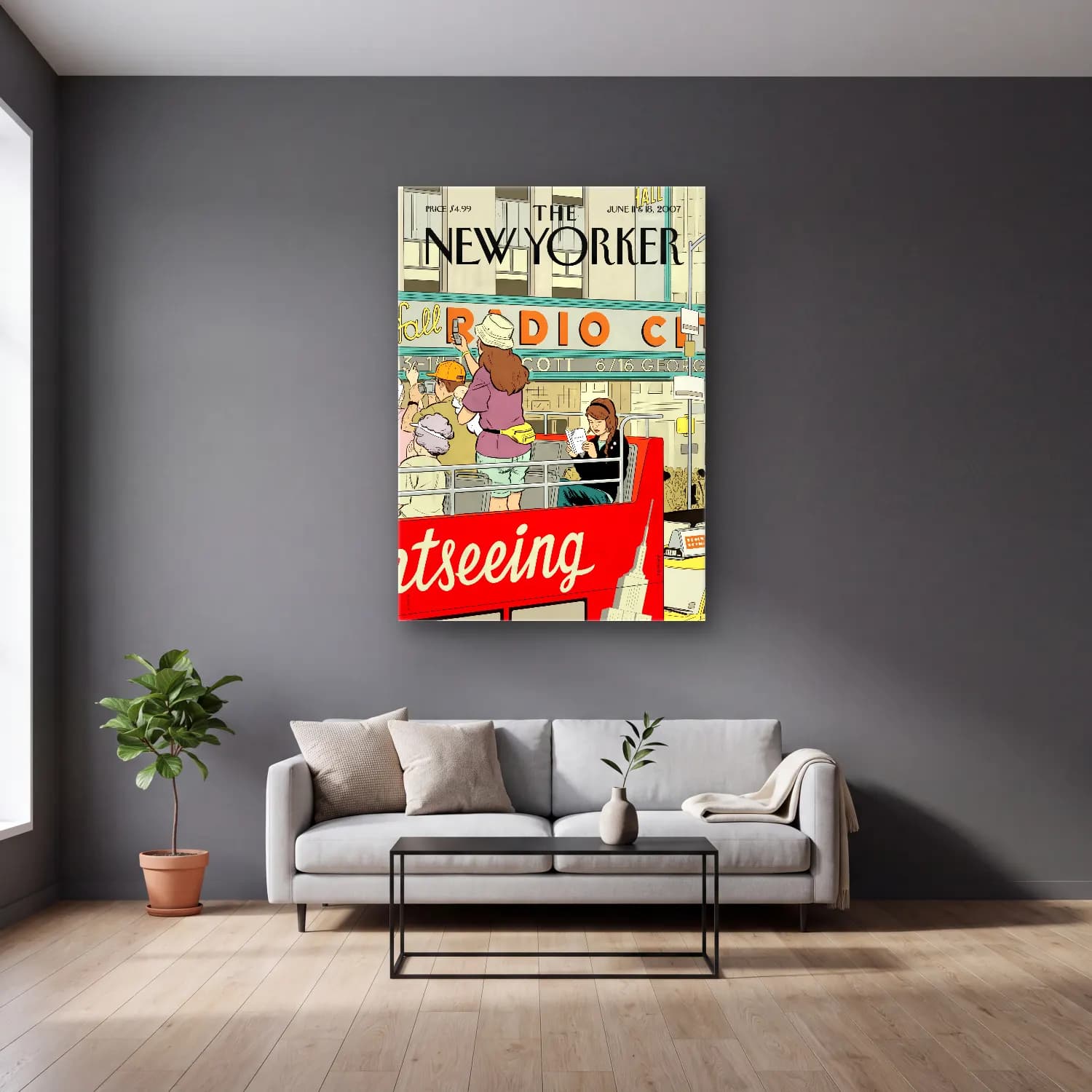 Vintage Poster Kalabalık Cadde No. 6 cam tablo — gri duvarlı salonda